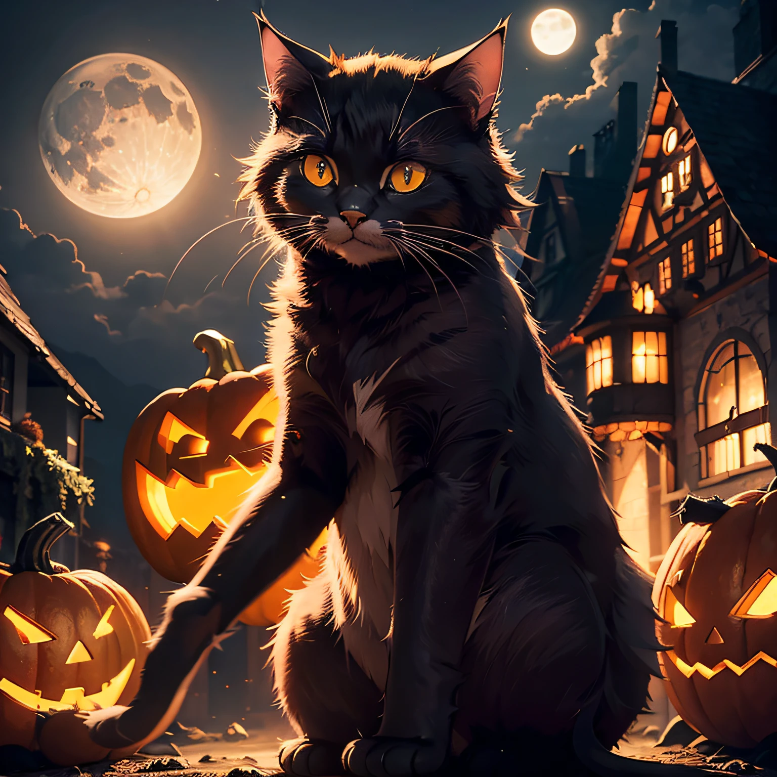 (Unschlagbares Meisterwerk), Halloween, ((Katze)), Pumpkin, ultrarealistische 8K-CG, Perfektes Artwork, great lightning, Bei Nacht, Mond, Nebel, gruselig