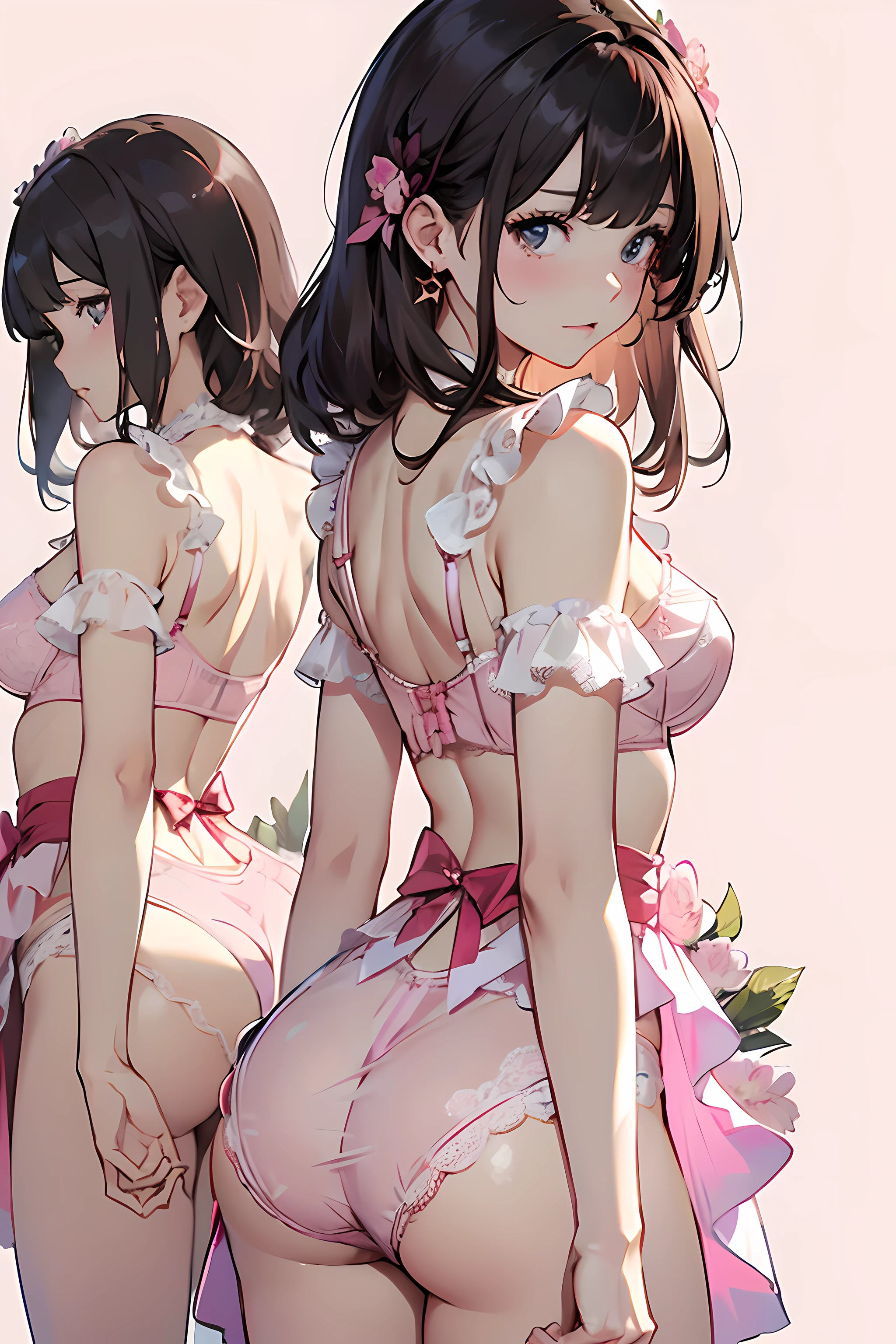 (masutepiece:1.4),ultra -detail、hyper quality、High resolution、(Female buttocks facing the screen)、(Backward perspective)、A dark-haired、((pink seduction background))、A sexy、Busty body、a closeup、petticoat、babydoll、(((Luxury underwear)))、(((Cute lingerie)))、((top-quality))、Red face、Turn around、8K、moonlights、superclear、Full of charm、​masterpiece、high detailing、beatiful backgrounds、Detailed drawing、Perfect Photo、Perfect Beautiful Girl、Beautiful fece、emotional、