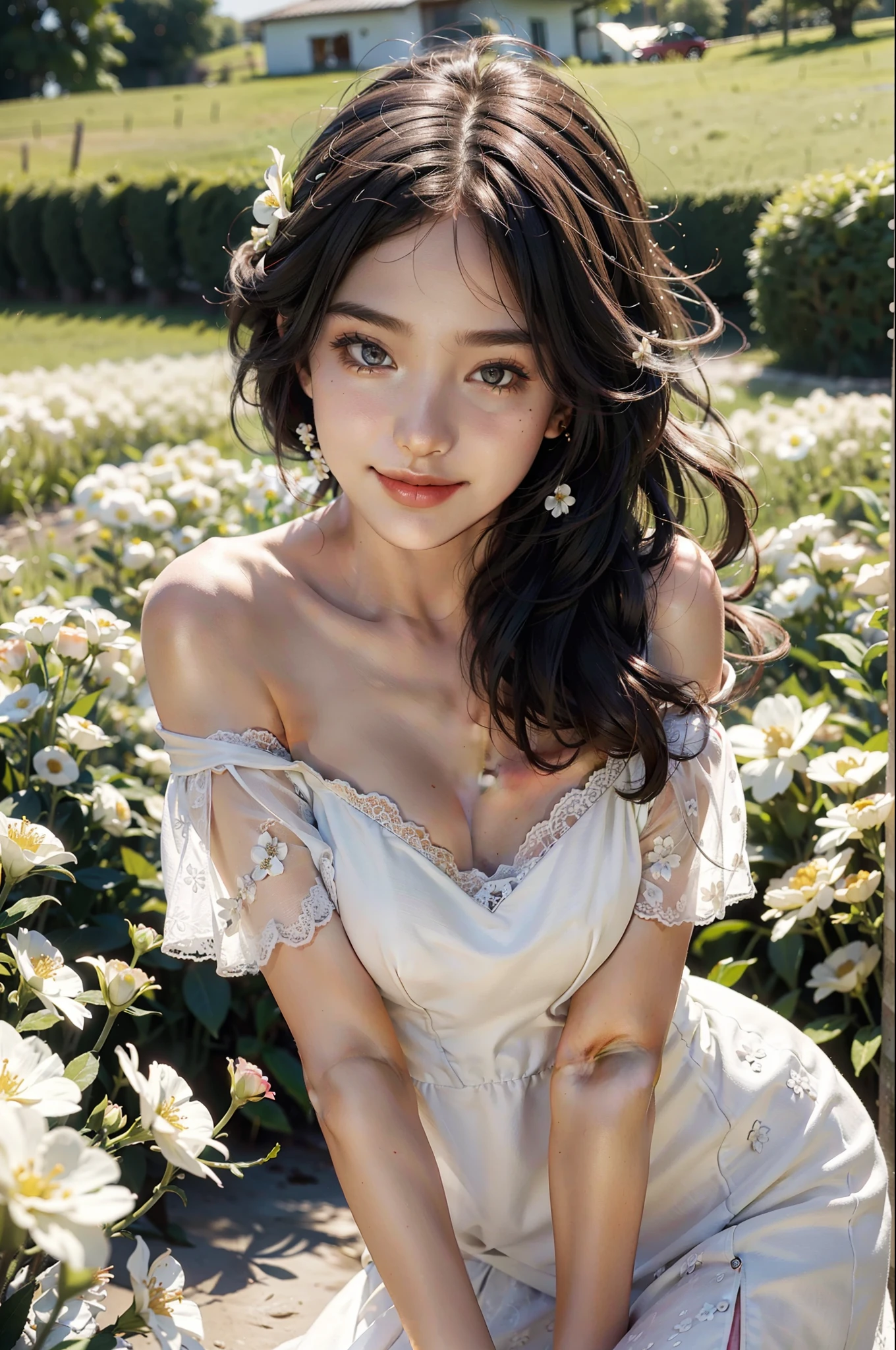 Best quality, masterpiece, ultra high res, (photorealistic:1.4), raw photo, 1girl, white dress, off shoulder, blossom flower field, glowing skin, light smile