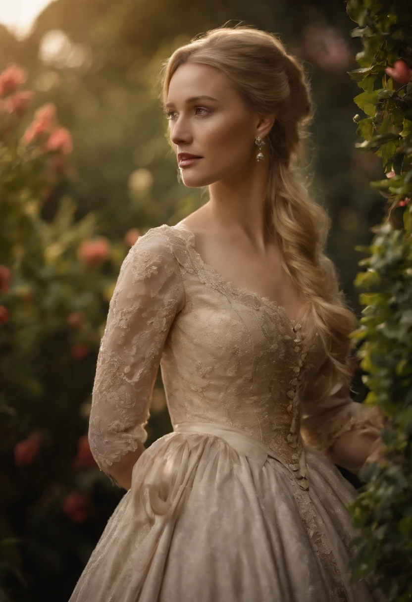 A stunningly beautiful blonde fairytale Princess Greer Grammer walking through a garden wearing an elegant Victorian morning dress