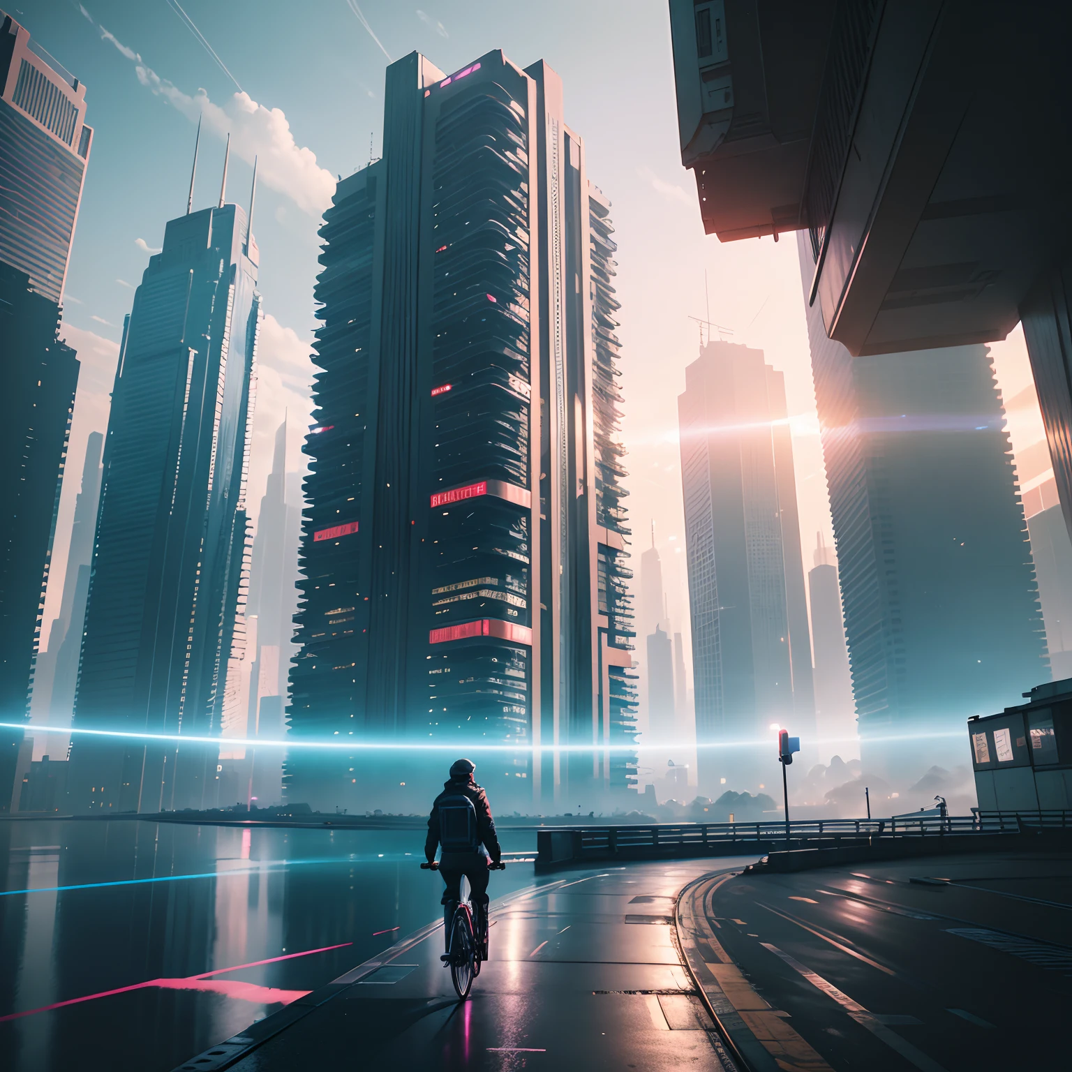 There is a photo of a man riding a bicycle on a bridge, urban concept art, anime style cityscape, inspired by Liam Wong, Concept art wallpaper 4K, Dystopian digital concept art, bastien grivet, cyberpunk city landscape, in style of atey ghailan, cloudpunk, Inspired by Atey ghailan, Cyberpunk City in the distance city，blue-sky，Future wind，High-rise buildings，sci-fy，cyber punk perssonage。neonlight，Sci-fi high-rises，dark cloude，Dim sky