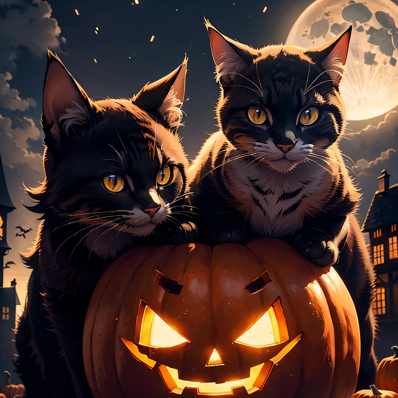 (Unschlagbares Meisterwerk), Halloween, ((Katze)), Pumpkin, ultrarealistische 8K-CG, Perfektes Artwork, great lightning, Bei Nacht, Mond, Nebel, gruselig