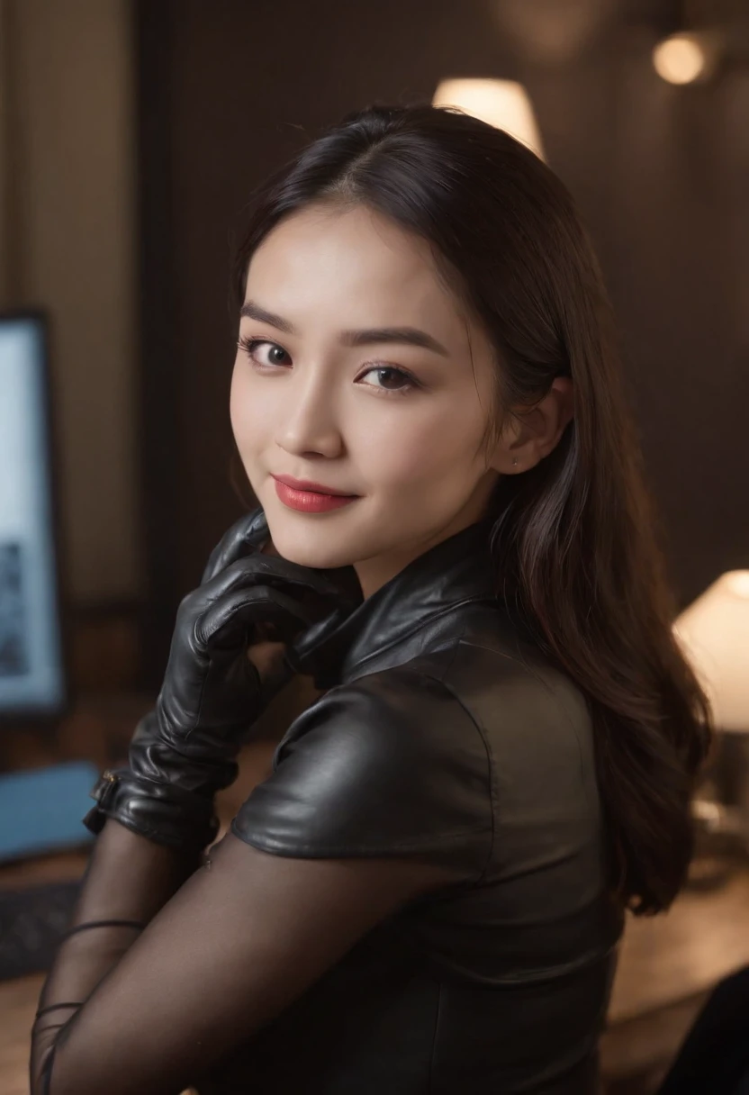 Wearing black leather gloves on both hands, Upper body, Black business suit, Facing the desk in my room with a computer in the dark, Smiling, Operate while looking at the screen with the fingertips of black leather gloves, Black hair was tied back for a long time, Japan female new employee with young and very cute face (Black leather gloves cover both hands)