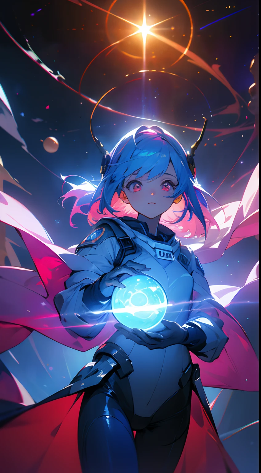 (masterpiece), best quality, a cute girl floating in the space holding a planet, ((holding)), sphere, ((glow, planet glow)), perfect face, expressive eyes, space suit, austronaut helmet, spiral galaxy, astronomy wallpaper, happy, colorful, exciting, gorgeous, blue giant star, cowboy shot, cosmic, cosmos 4k, shiny, perfect light, glowing sphere BREAK is a cute girl on space, she is holding a glwoing sphere with the two hands, she is wearing a white space suit, she has blue hair, red eyes, red giant star, sun like star, shine, BREAK vivid colors, bright,shiny, cool colors, dramatic lighting, artistic, creative, digital art, wallpaper, (glowing eyes), magical, impossible, good vibes, good emotions, adventure, (solo, alone,1girl)