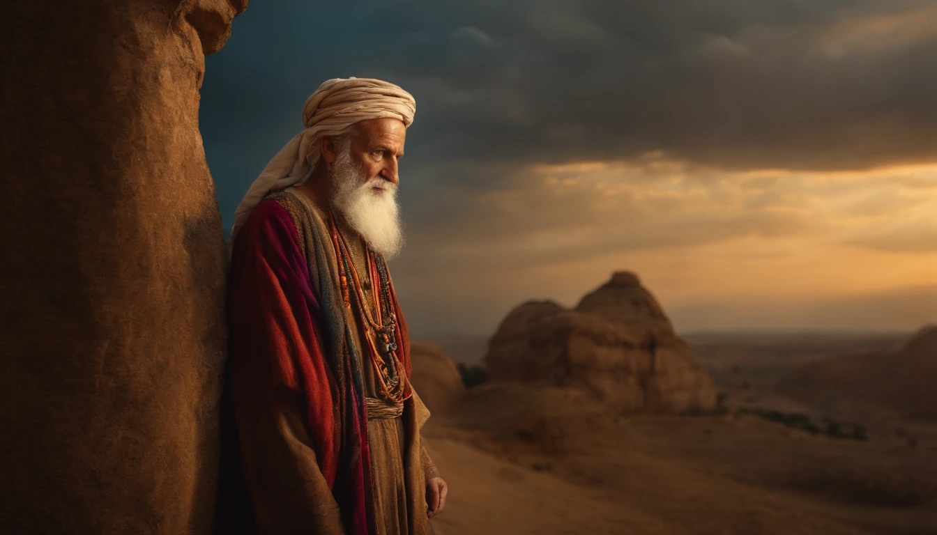 old Hebrew man wearing ancient tunic, holds a bow in his hand