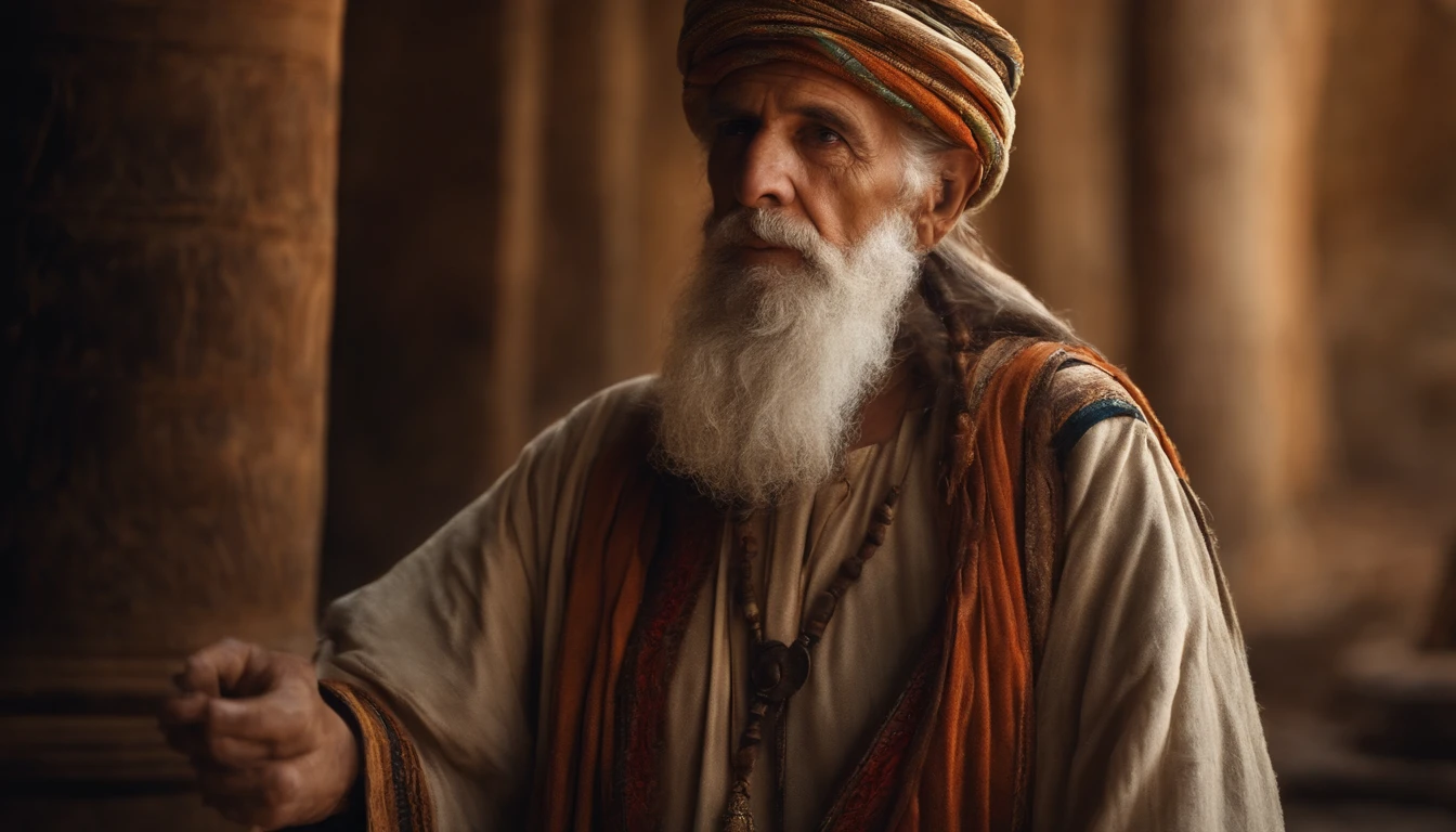 old Hebrew man wearing ancient tunic, holds a bow in his hand