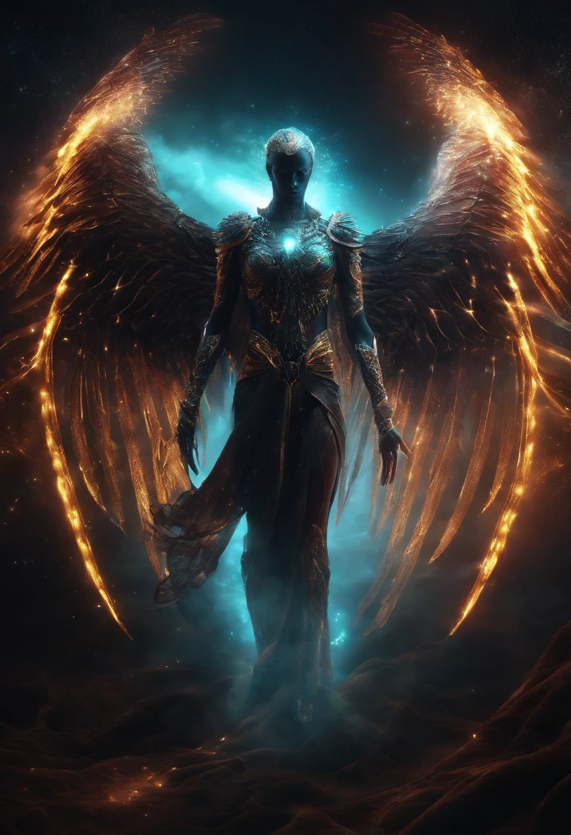 Cosmic Fallen Angel, glowing light eyes, Biomechanical, eerie, Creepy, nightmarish, Very bright colors, Light particles, with light glowing, Mshiff, wallpaper art, UHD wallpaper
