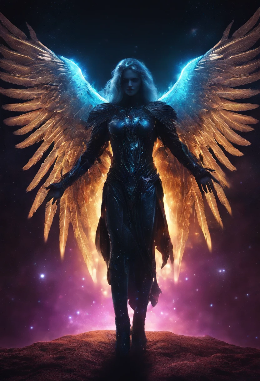 Cosmic Fallen Angel, glowing light eyes, Biomechanical, eerie, Creepy, nightmarish, Very bright colors, Light particles, with light glowing, Mshiff, wallpaper art, UHD wallpaper