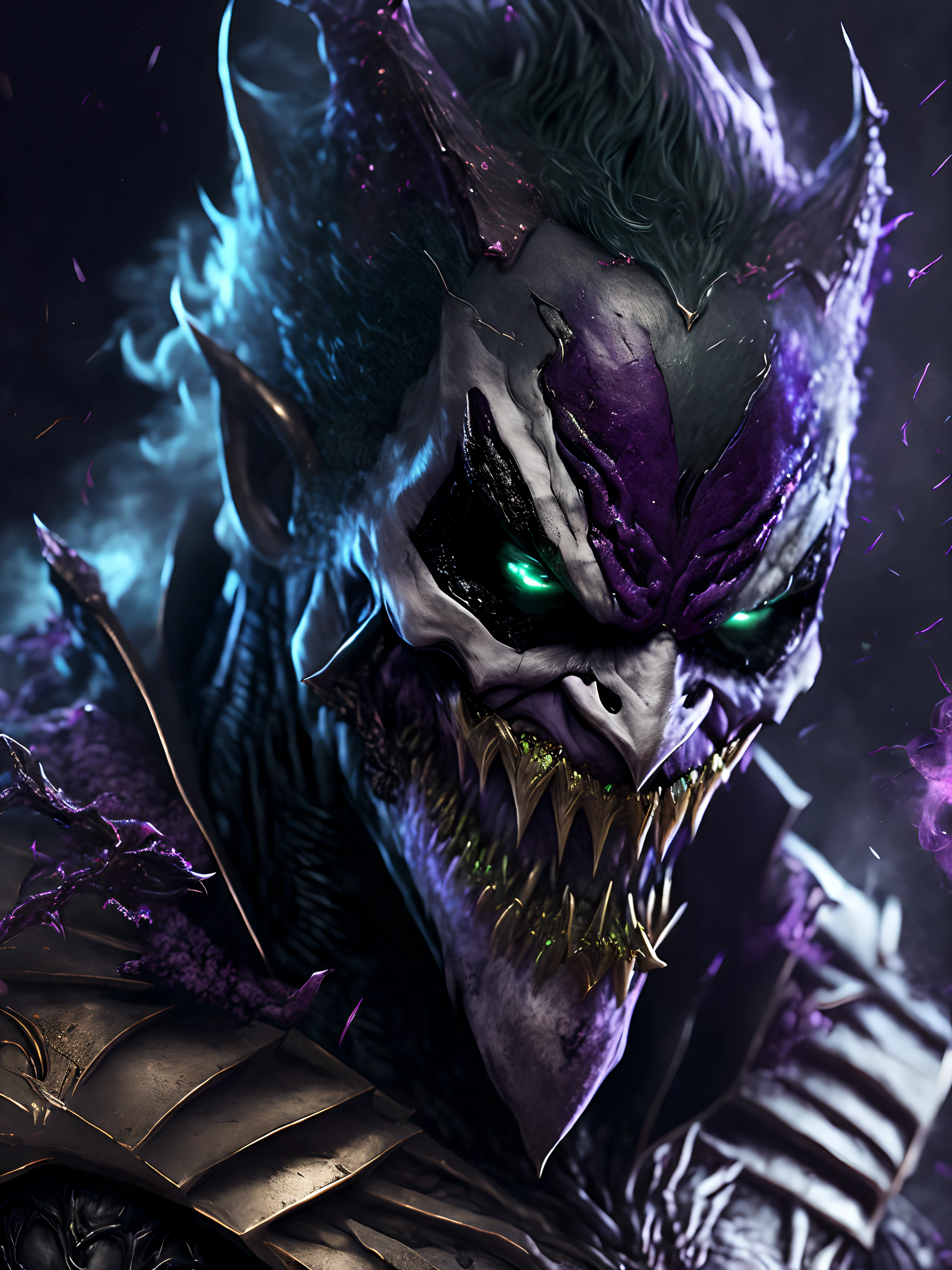 Close-up ( creepy  Venom-Joker from DC in Goth style: 1.3) emerging from the Ghsot under world, extremely detailed, smoke, sparks, metal shavings, flying debris, volumetric light