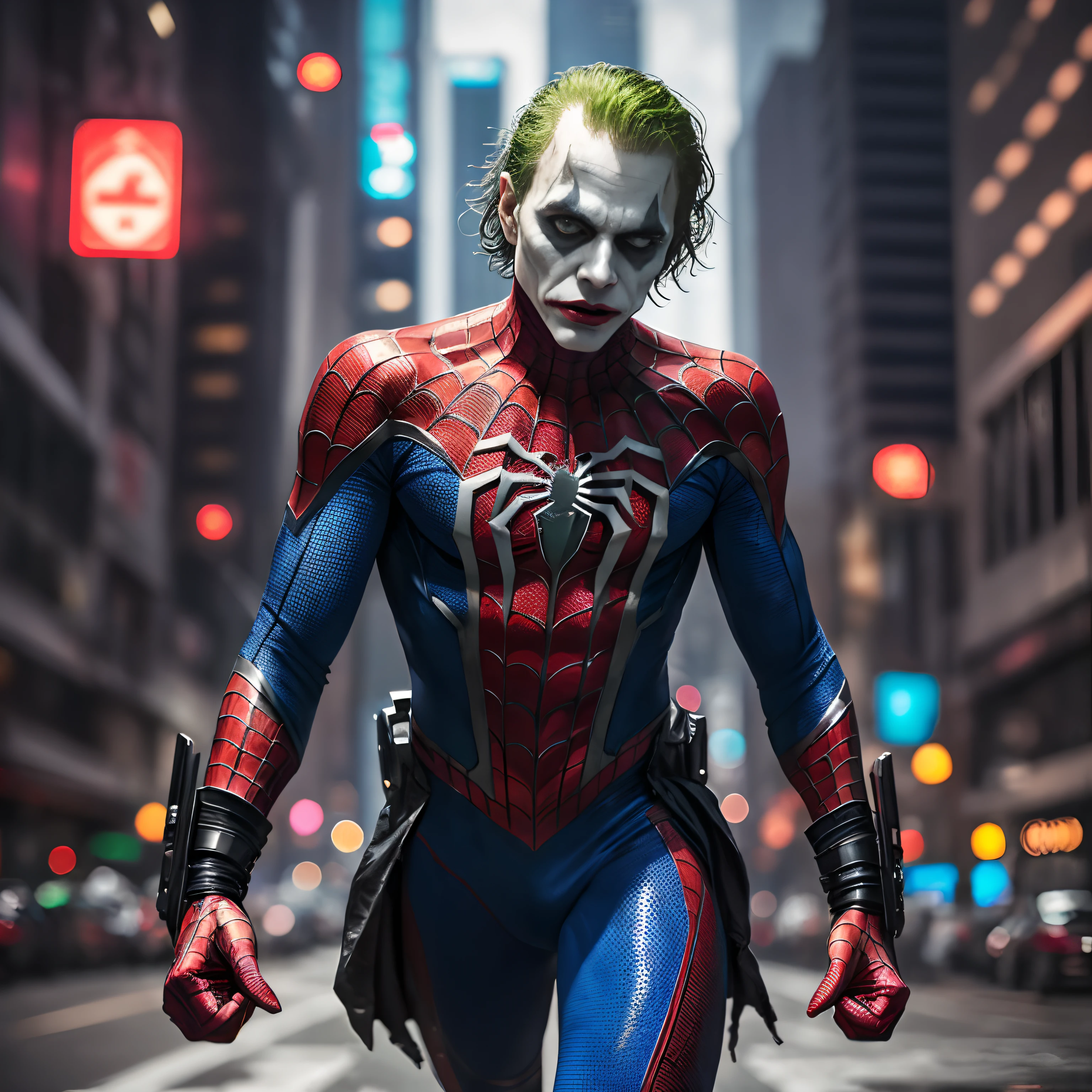 Creepy Spiderman with the Joker suit , (top-quality、8K、32K、masterpiece、)、(The ultra -The high-definition)、(Photorealsitic:1.4)、Raw photography,Perfect eyes,Charming perfect figure,actionpose:1.2,Detailed cyberpunk fashion、World of Cyberpunk,depth of fields,blurry backround,、
