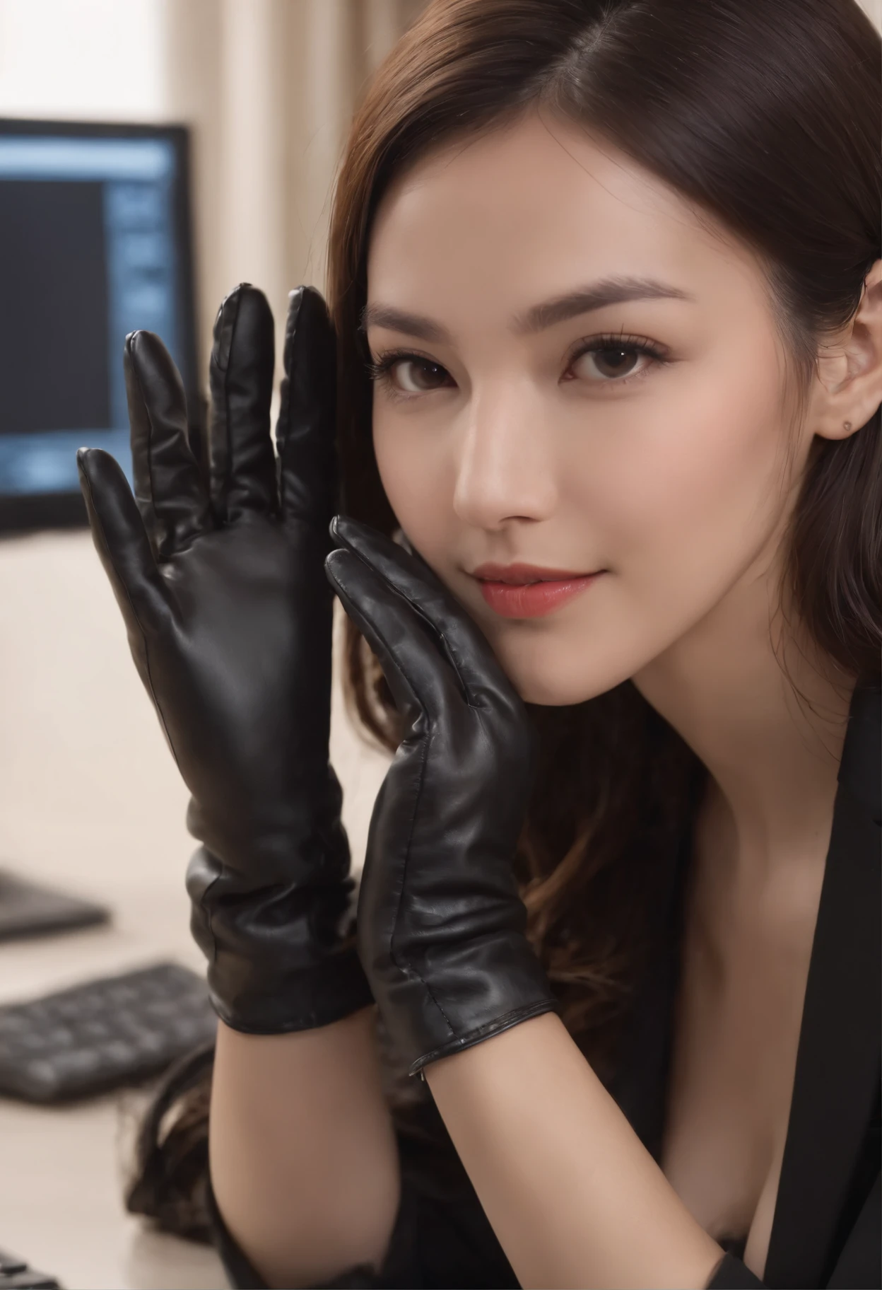 Wearing black leather gloves on both hands, Upper body, Black business suit, Facing the desk in my room with a computer in the dark, Smiling, Operate while looking at the screen with the fingertips of black leather gloves, Black hair was tied back for a long time, Japan female new employee with young and very cute face (Black leather gloves cover both hands)
