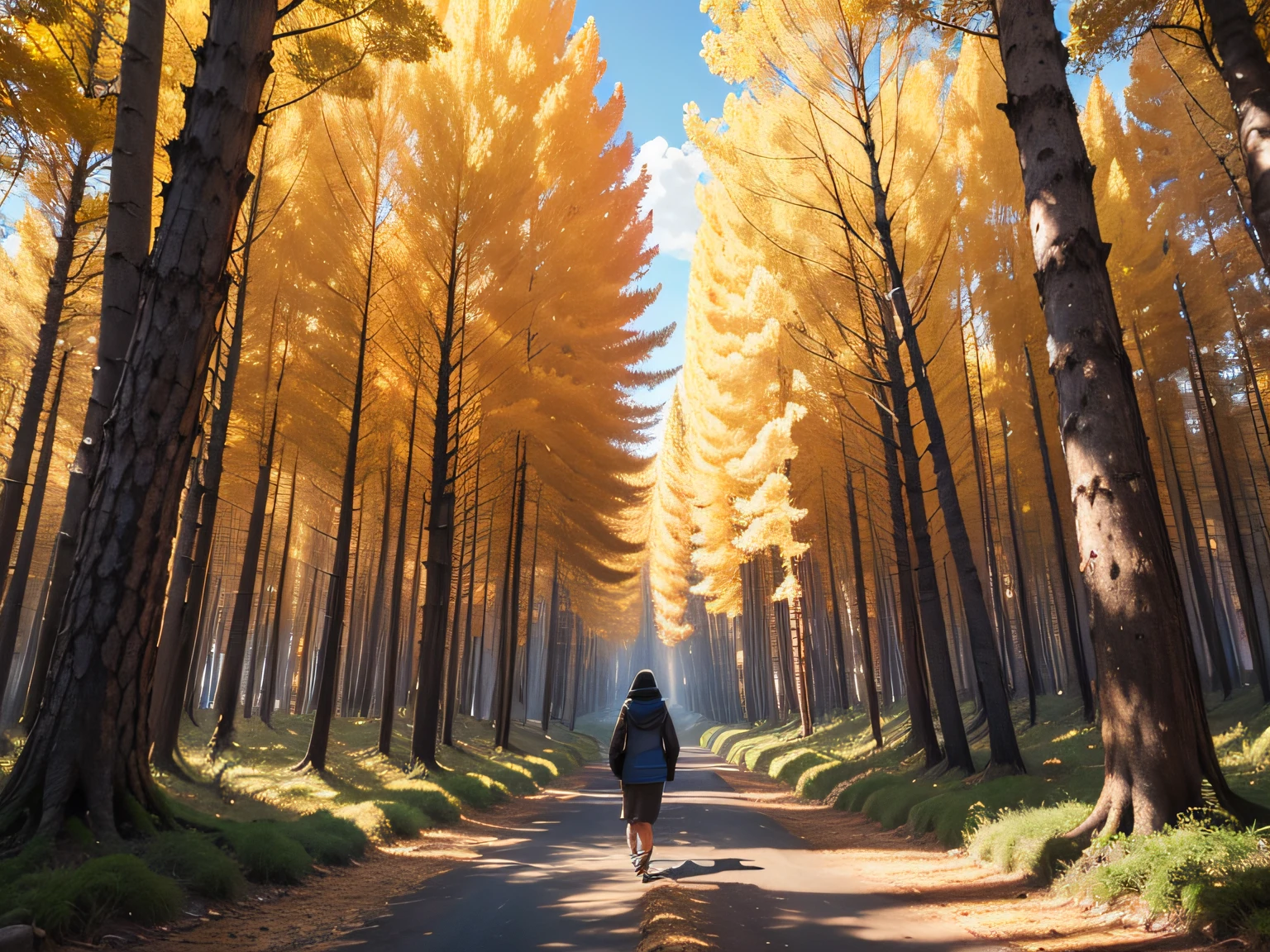 (Rear view of a person in the autumn forest, alta calidad, a high definition, 8k, UHD), Serene atmosphere, colores vibrantes, luz solar suave, hojas detalladas, cozy sweater, Windy day, falling leaves, Ambiente tranquilo, Tonos dorados, aire fresco, Paisajes pintorescos, Profundidad de campo, sombras sutiles, Ambiente brumoso.
