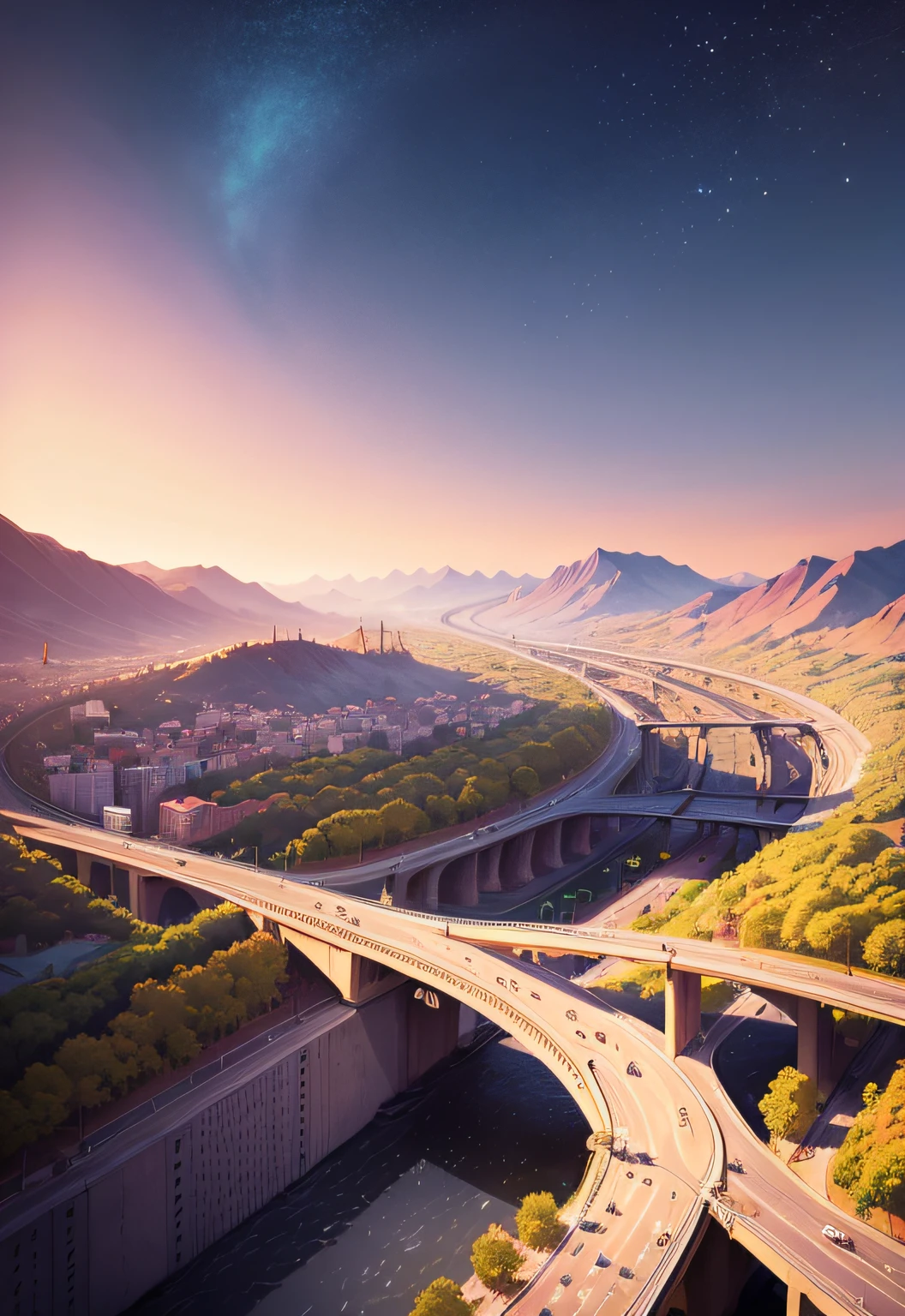 There is an image of a city with a road on it, Trestle, inspired by Victor Ngai, illustartion, illustartion!, Victor Style, Excellent use of lines and colors, based on Lubin Božen, Lee Larefrigerator, Lubin Božen, based on Osvaldo Viteri