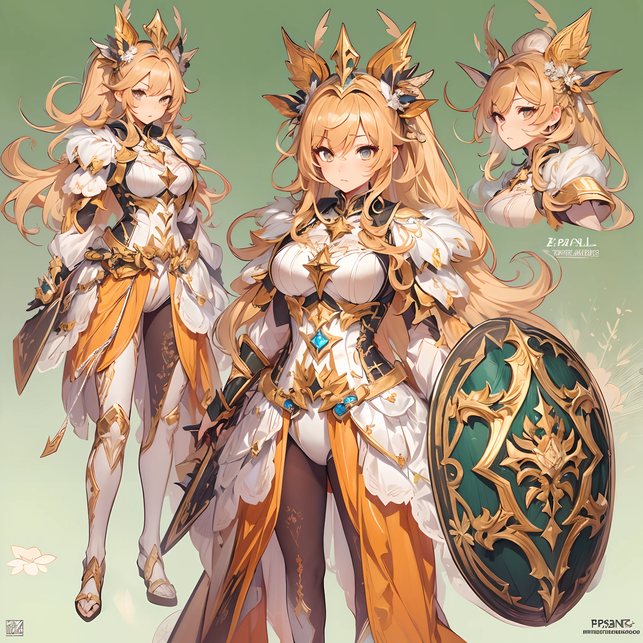 ((Masterpiece, Highest quality)), Detailed face, CharacterDesignSheet， full bodyesbian, Full of details, Multiple poses and expressions, Highly detailed, Depth, Many parts，Beautiful paladin，holding a shield，double-ponytail，estilo fantasia，Orange caramel，Extremely beautiful，High Balance, Natural light, Lace，lacepantyhose，Star decoration
