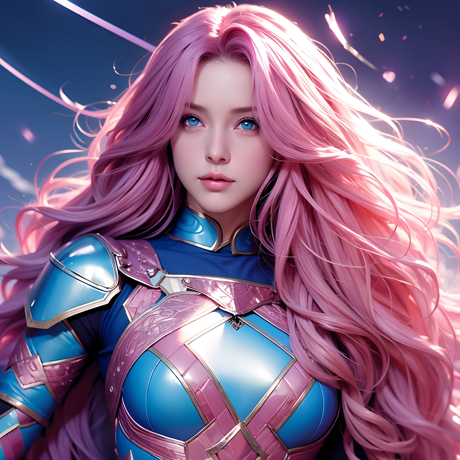 “Woman, long curly hair, pink hair, blue eyes, armor, sword, magic