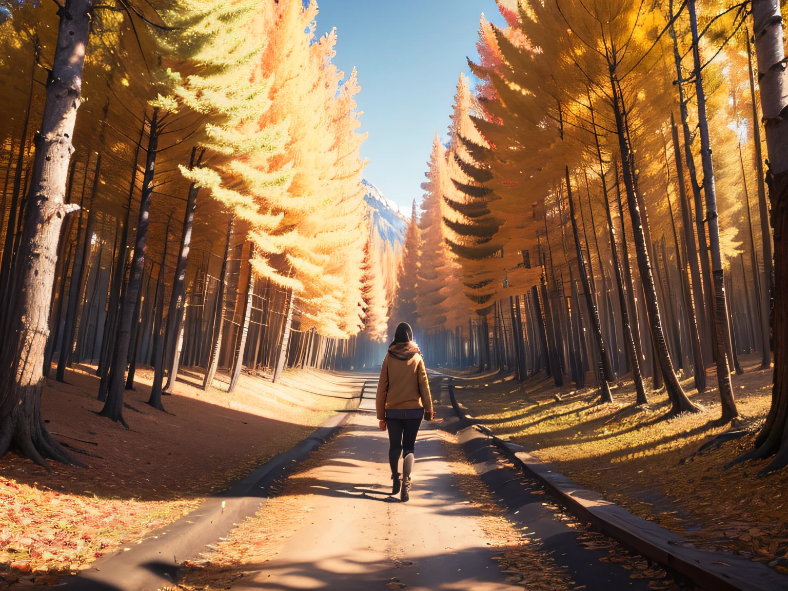 (Rear view of a person in the autumn forest, alta calidad, a high definition, 8k, UHD), Serene atmosphere, colores vibrantes, luz solar suave, hojas detalladas, cozy sweater, Windy day, falling leaves, Ambiente tranquilo, Tonos dorados, aire fresco, Paisajes pintorescos, Profundidad de campo, sombras sutiles, Ambiente brumoso.