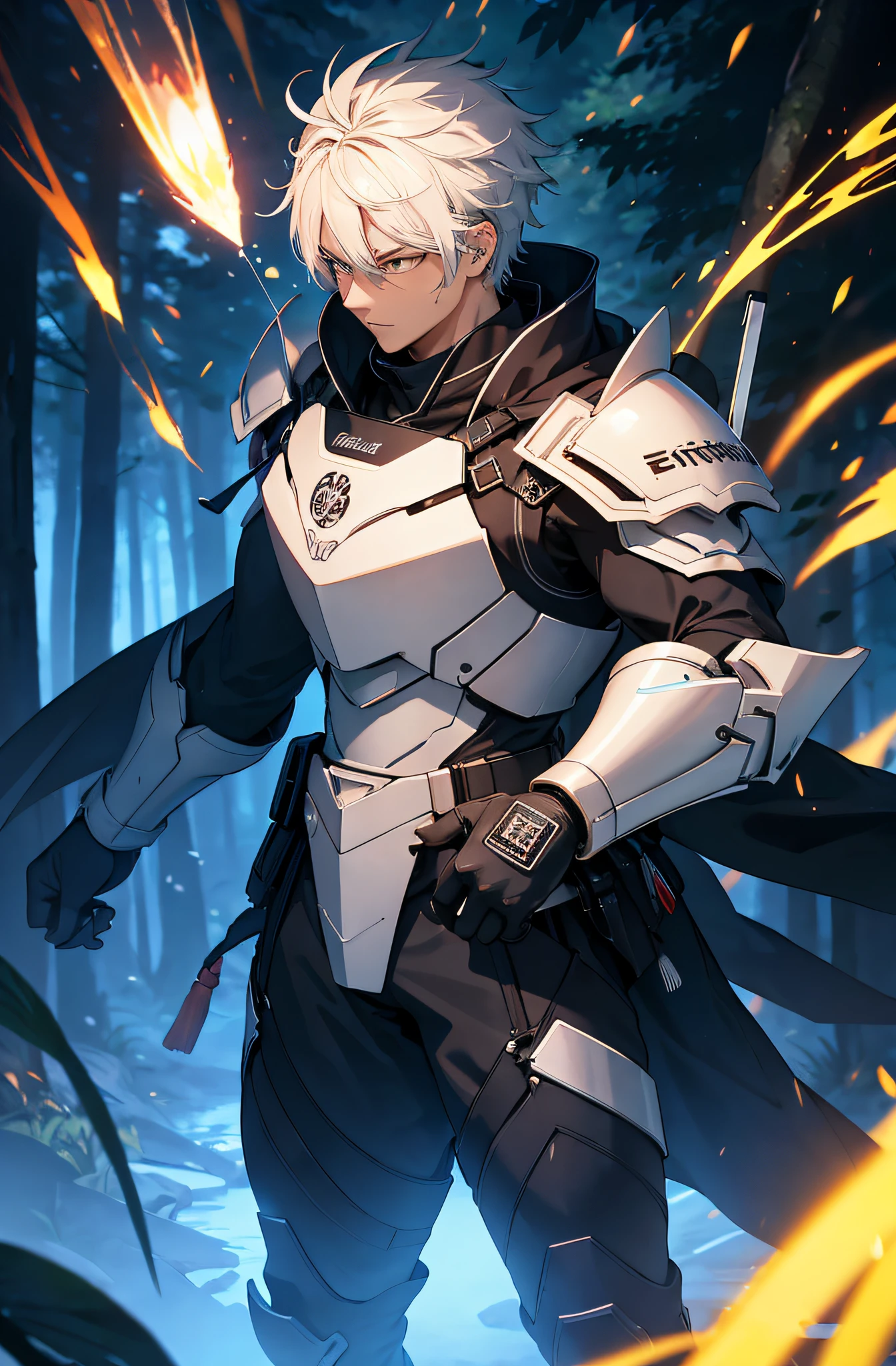 (Ein Mann mit einer japanischen Fuchsmaske), Wears Japanese black light armor, Im dunklen Wald, Filmische Beleuchtung, Depth of field, Leuchtendes Licht, raytracing, Reflexionslicht, nahaufnahme, Meisterwerk, Meisterwerk, High quality, best quality, Hohe Detailgenauigkeit, ccurate, anatomisch korrekt, Strukturierte Haut, UHD, hight resolution, 1080p