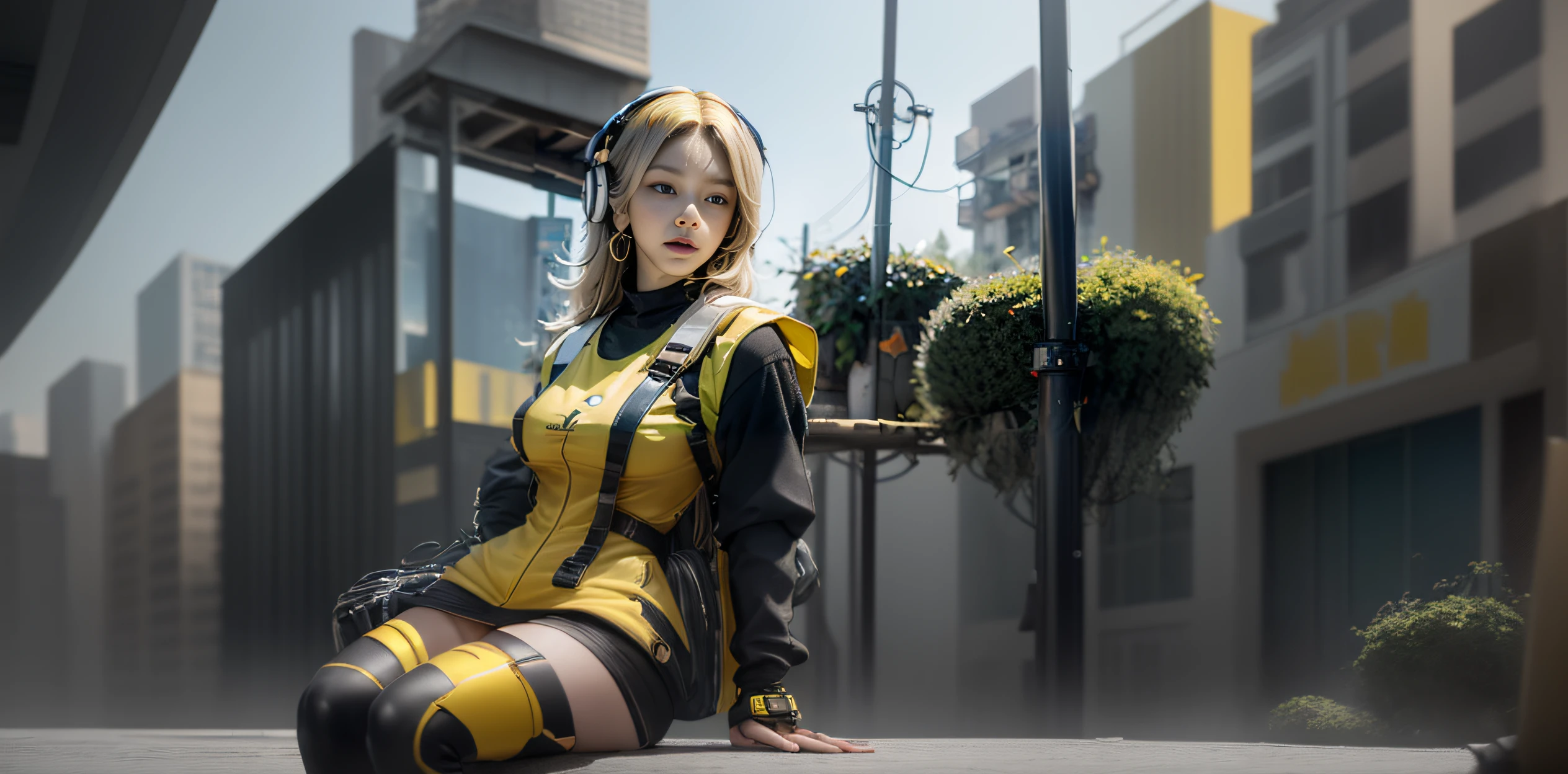 best quality, highres, solo, blonde hair, a female character is wearing a yellow and black colored outfit with a backpack and a yellow vest, dark black and yellow travel & sports leisure, blue eyes, long hair, hoop earrings, headphones, chunky cuban link jewelry, medium breasts, loose and fluid, pigeoncore, elaborate costumes, neo-dadaist, outdoor conference, mechanized precision, in the style of mecha sci-fi anime