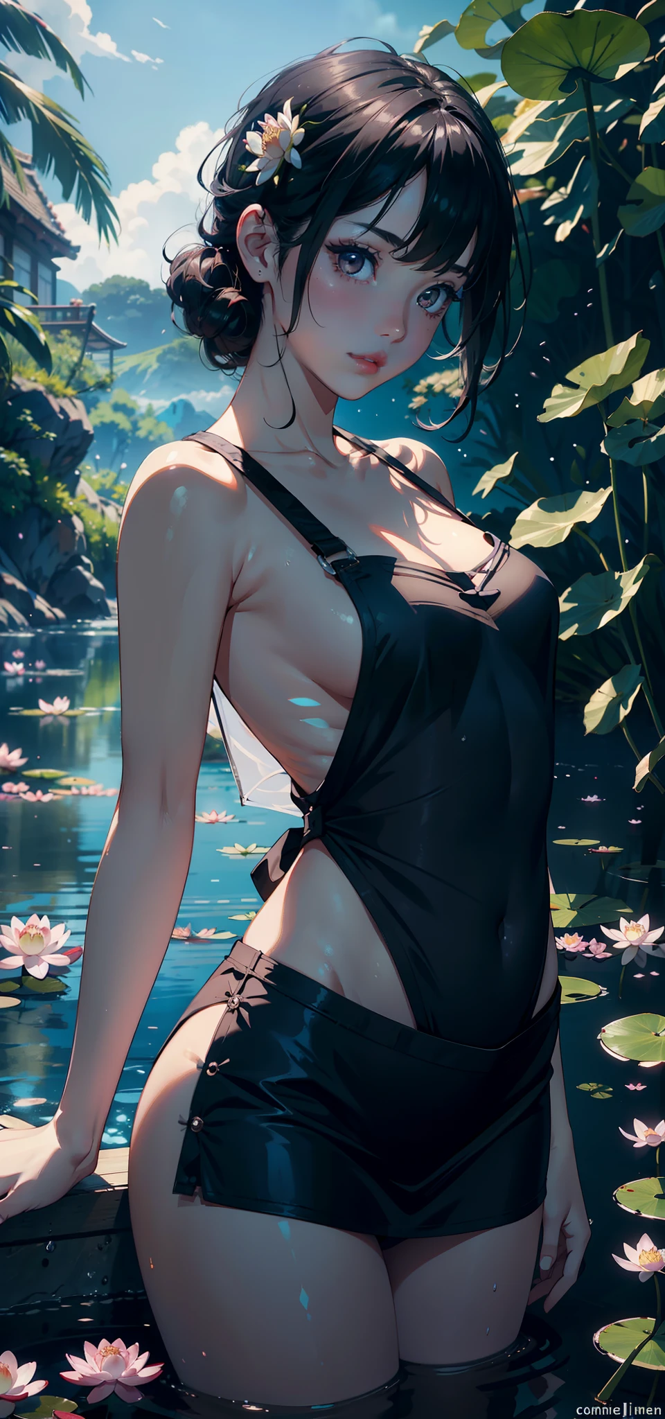 Small loli（Background with：ponds，Cherry blossom forest，lotus flower）Lie underwater， She has short black hair，seen from the front，， mostly cloudy sky，（（（tmasterpiece），（Very detailed CG unity 8K wallpaper），best qualtiy，cinmatic lighting，detailed back ground，beatiful detailed eyes，Bright pupils，Black eyes，Snow-whiteskin，Redlip（Very fine and beautiful），（Beautiful and detailed eye description），ultra - detailed，tmasterpiece，））facing at camera，A high resolution，ultra - detailed），revealing breasts，Bare genitalia，  Bulge，legs are open，Raised sexy，Camel toes，Desire for dissatisfaction，frontage，（Wearing：，See-through sailor suit，Bare ，aprons）