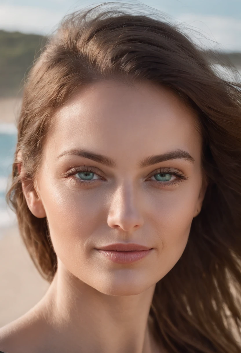 Jolie femelle, Souffle de vent cheveux vert yeux bleus brillants, Realstic, high detailed, 4K, beach background, High detailed light, Petit sourire, peau noire
