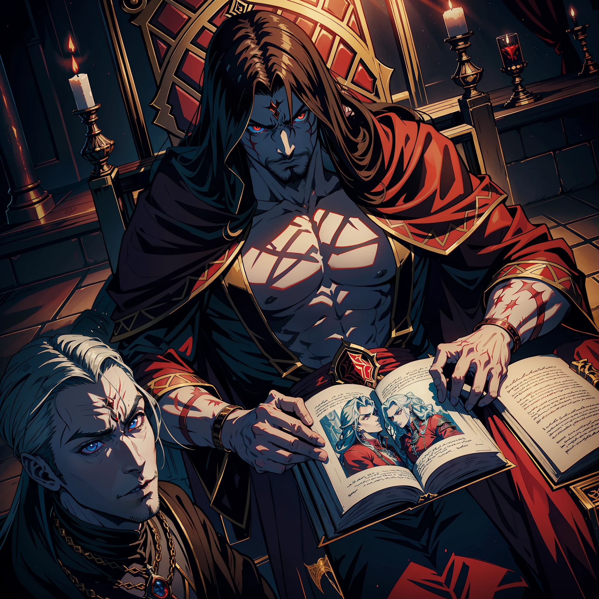 Castlevania Lord of Shadows Muscular Beautiful Red Bright Eyes Islamic Crystal Hyper Realistic Super Detailed Scary Lord Dracula Hyper Realistic Super Detailed Faces Portrait sitting on his big throne with his legendary Moroccan princesses next to him Read big scrolls with a red expression of anger bright eyes hyper realistic face portrait super detailed Dynamic shot centerpiece cinematic scene movie Epic Legendary hokuto no ken movie style