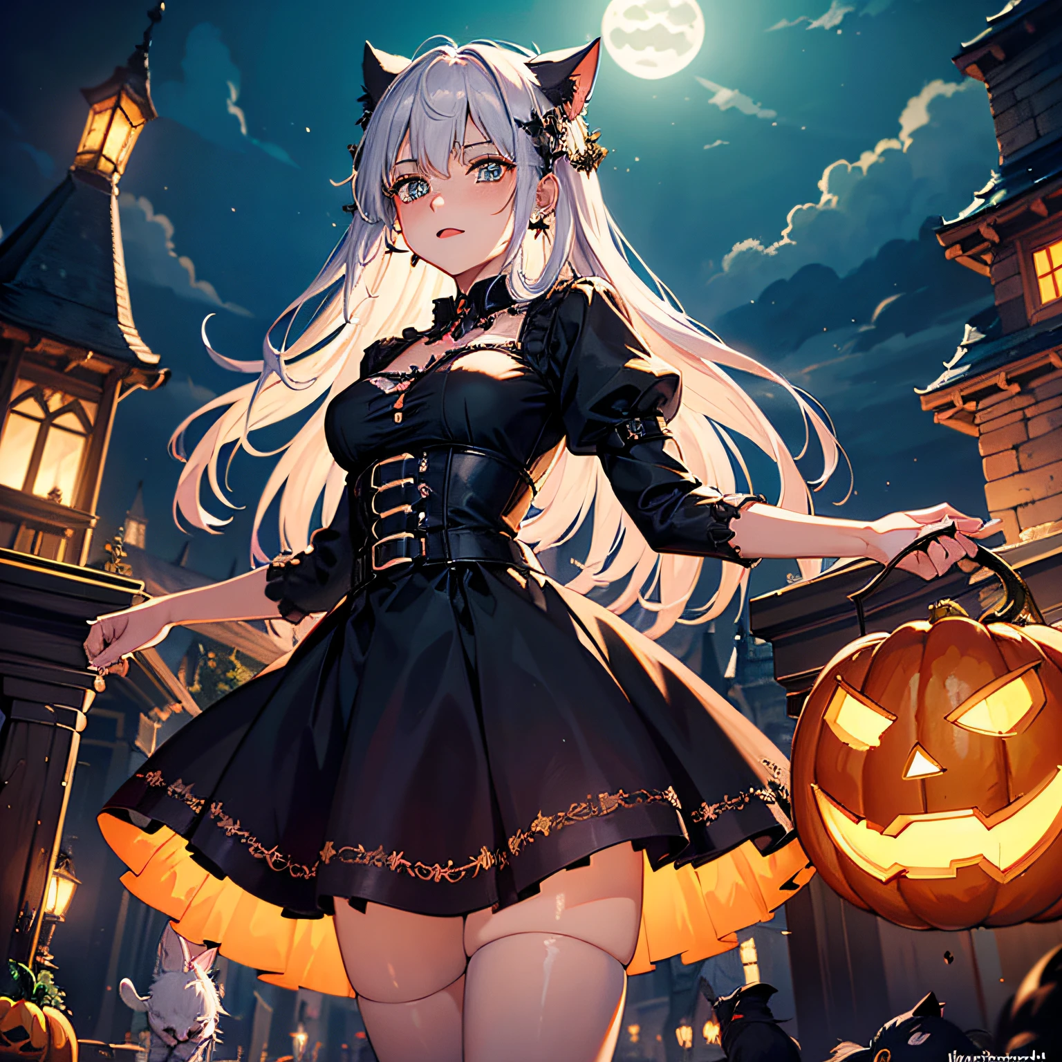 (Unschlagbares Meisterwerk), ((Kein Mensch)), ((keine Frau)), Halloween, ((Katze)), Pumpkin, ultrarealistische 8K-CG, Perfektes Artwork, Blick auf das Publikum, great lightning, Bei Nacht, Mond, Nebel, gruselig