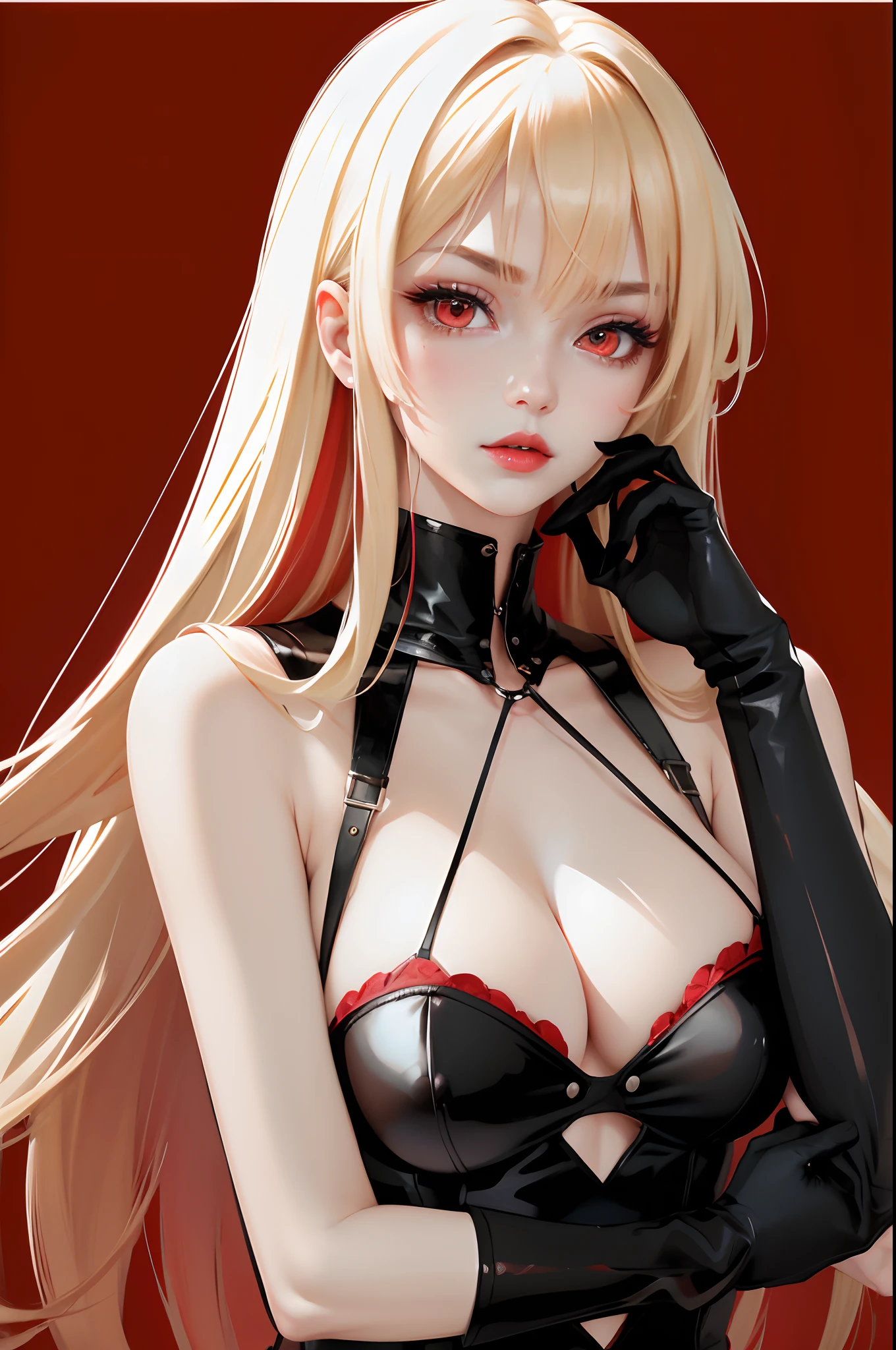 1 beautiful girl, blonde hair, red lips, red eyes, sharp gaze, bloodlust eyes, beautiful, wearing mini clothes, big breast, white skin, beautiful body, looking at viewers, black and red clothes, sensuality, Amazing, best quality, ultra realistic, 32k, RAW photo, extremely detailed, Realistic