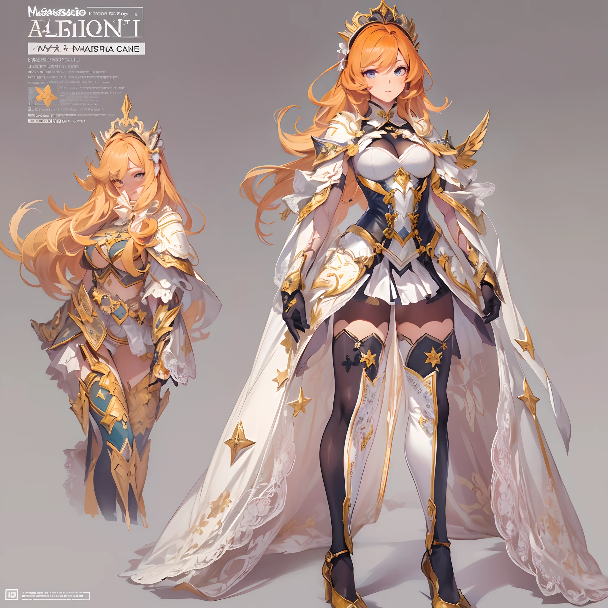 ((Masterpiece, Highest quality)), Detailed face, CharacterDesignSheet, full bodyesbian, Full of details, Multiple poses and expressions, Highly detailed, Depth, Many parts,Beautiful paladin,holding a shield,double-ponytail,estilo fantasia,Orange caramel,Extremely beautiful,High Balance, Natural light, Lace,lacepantyhose,Star decoration