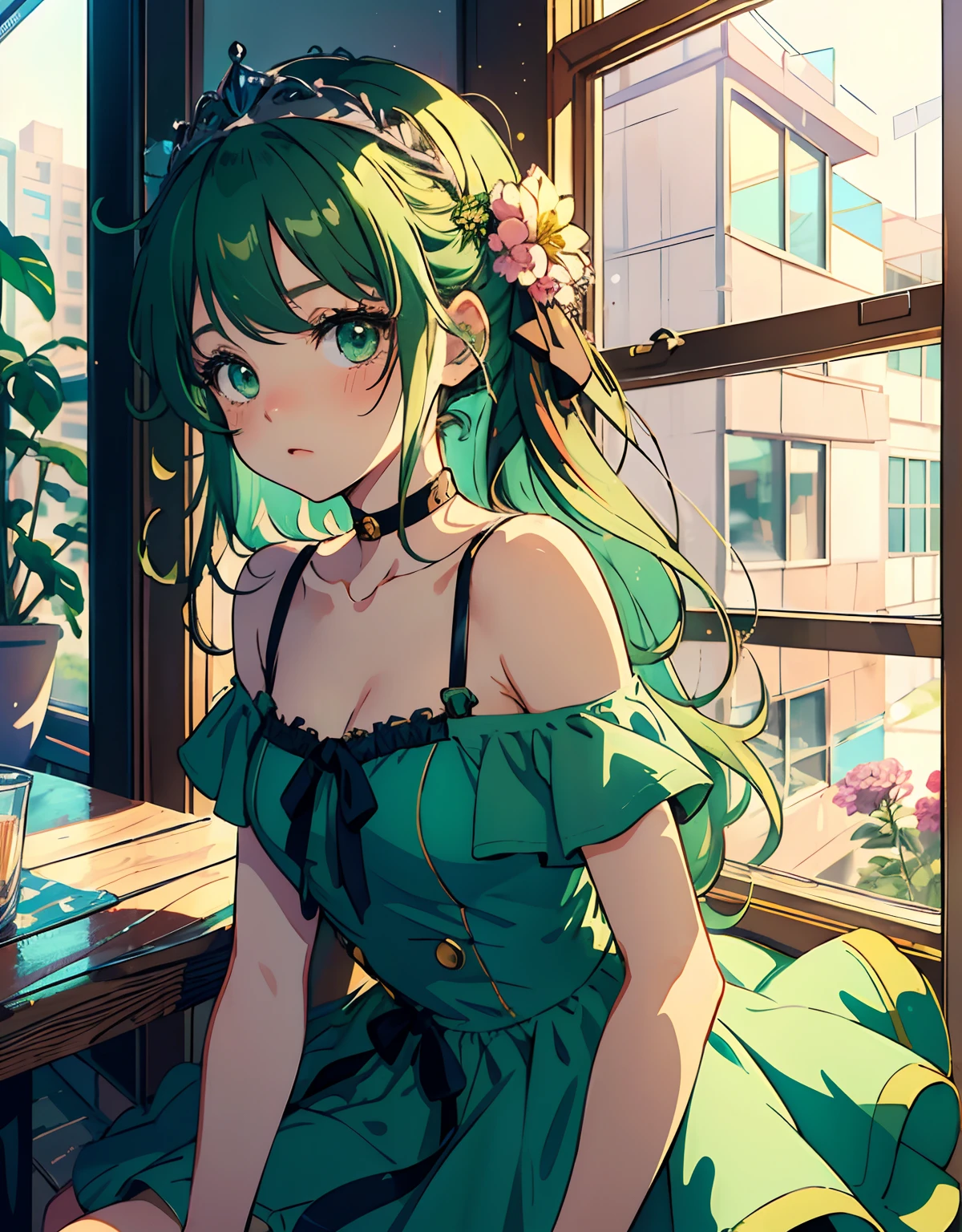 ((masterpiece, best quality)), (1girl, anime girl in the cafe, retro style),(li, liirl), (solo), (female focus), (gren hair, messy hair, long hair, flower tiara),green eyes, ((dress, exposed shoulder)) , shy, portraits, close up, upper body, vibrant colors, soft lighting, looking straight forward