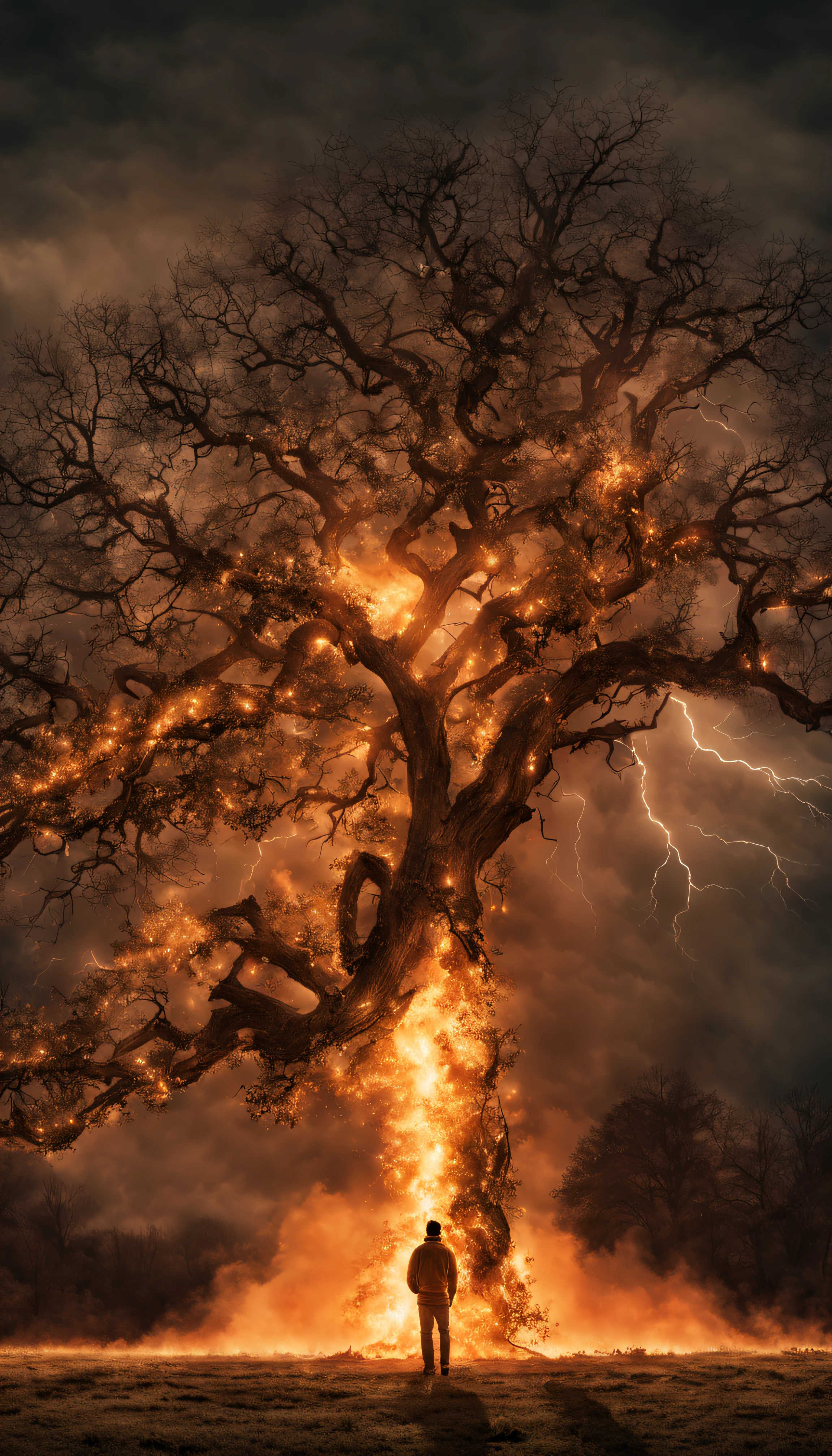 Hyper-realistic photograph of a huge oak tree being struck by lightning that sets it on fire. There is the silhouette of a man looking at the fire in amazement. Winter stock, photography fxvijaya, cinematic atmosphere, photoreal, uhd image, traditional portraiture, ultra hd, dark, foreboding colors, candid shots, grid-based