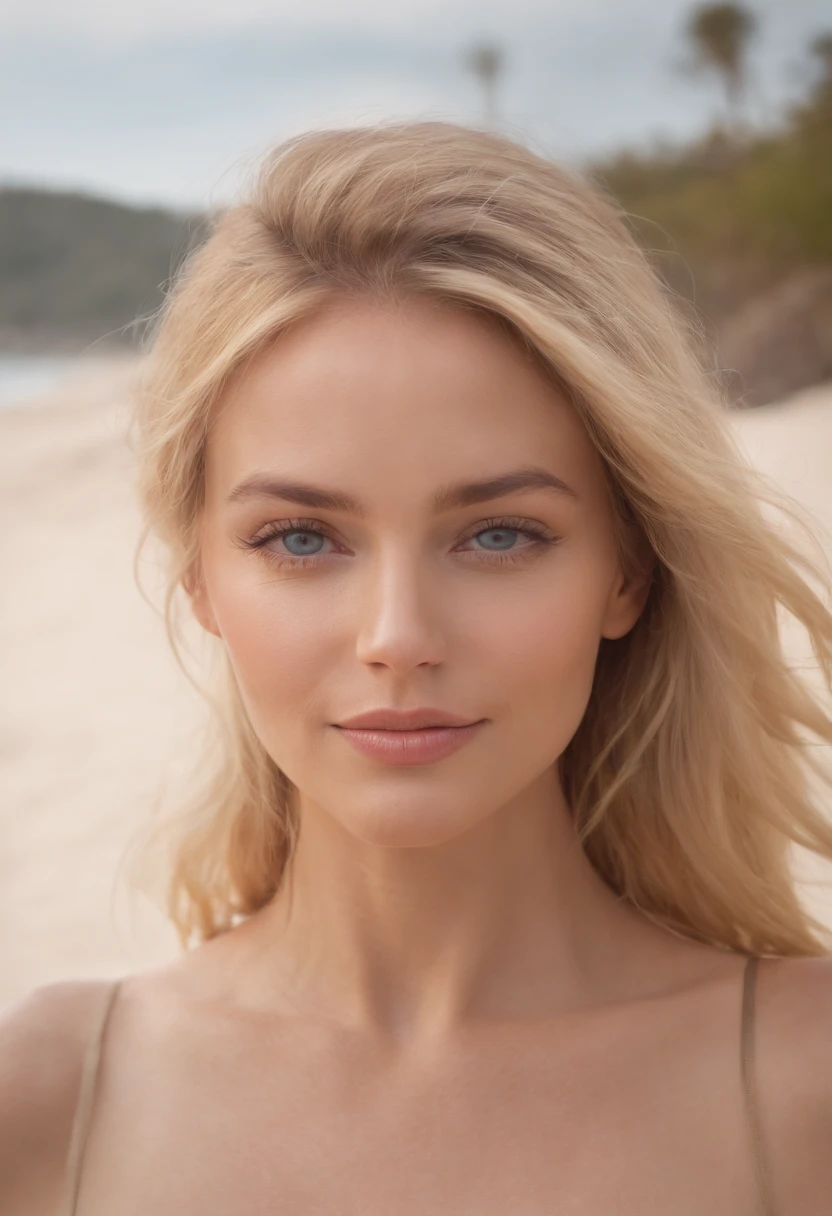 Jolie femelle, Souffle de vent cheveux blonds, yeux bleus brillants, Realstic, Masterpiece, high detailed, 4K, beach background, High detailed light, Petit sourire, peau noir, debout