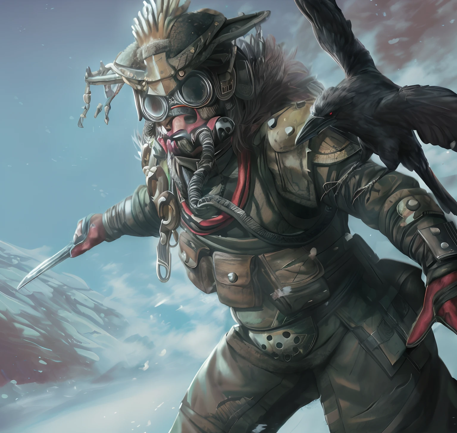 Create a captivating and immersive digital artwork that transports viewers into a world steeped in Norse mythology and rugged wilderness. Depict Blódhundr, the legendary tracker and hunter, whose reputation has earned him the nickname "Bloodhound" among many. He and his people are devout followers of the All-Father Odin, and their deep connection to the land and its spirits is evident in their way of life.
Blódhundr should be portrayed as a formidable and weathered figure, clad in attire that reflects both his prowess as a tracker and his devotion to Odin. His most distinctive feature is a metal helmet crafted in the shape of a skull, evoking the spirit of the animal he once hunted. The helmet should be ornate, adorned with intricate details that pay homage to his connection with nature and the divine.
Around Blódhundr's waist, he proudly wears the skull of his most prized prey, held securely by rough-hewn ropes. This skull should bear the marks of the hunt and the reverence he holds for the creatures he pursues.
The backdrop should be a rugged and untamed wilderness, where Blódhundr's tracking skills are put to the test. The setting should evoke the grandeur of Norse landscapes, with towering mountains, dense forests, and sweeping fjords.
Incorporate elements of Norse mythology and spirituality into the artwork. Perhaps Odin's ravens, Huginn and Muninn, circle overhead, or the northern lights dance in the night sky, suggesting a connection to the divine.
Capture the essence of Blódhundr as a master of the wilderness, a guardian of his people, and a devout follower of Odin. Use the play of light and shadow to emphasize the ruggedness of the terrain and the resilience of this legendary tracker.
This artwork should celebrate the rich tapestry of Norse mythology and the indomitable spirit of those who live close to the land. Let your artistic vision bring to life the character of Blódhundr and the mystical world he inhabits. and with red eyes