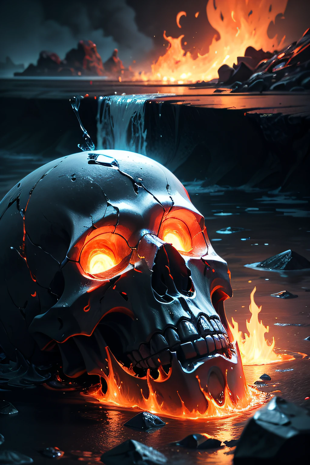 A lava skull fall in the watter in full vapor