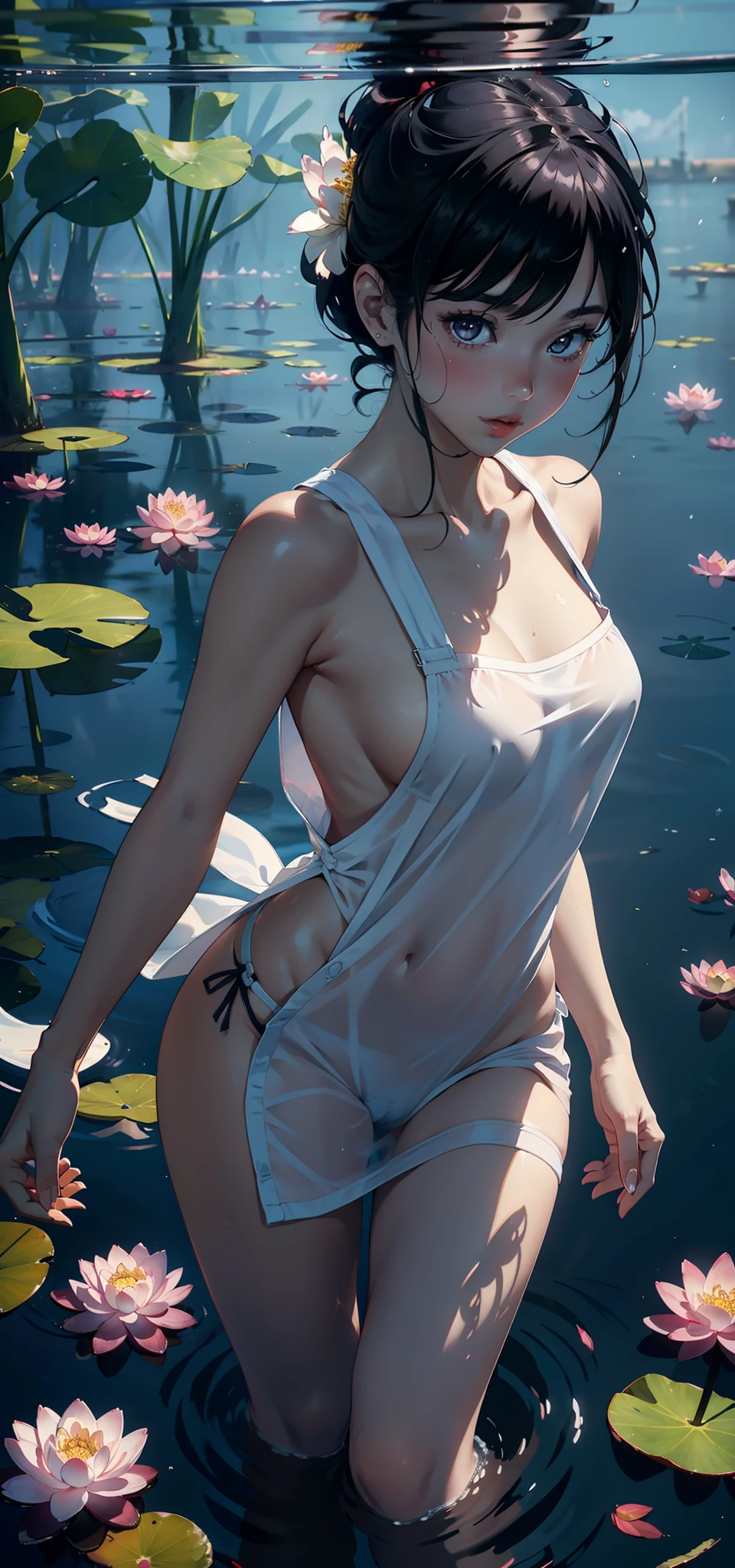 Small loli（Background with：ponds，Cherry blossom forest，lotus flower）Lie underwater， She has short black hair，seen from the front，， mostly cloudy sky，（（（tmasterpiece），（Very detailed CG unity 8K wallpaper），best qualtiy，cinmatic lighting，detailed back ground，beatiful detailed eyes，Bright pupils，Black eyes，Snow-whiteskin，Redlip（Very fine and beautiful），（Beautiful and detailed eye description），ultra - detailed，tmasterpiece，））facing at camera，A high resolution，ultra - detailed），revealing breasts，Bare genitalia，  Bulge，legs are open，Raised sexy，Camel toes，Desire for dissatisfaction，frontage，（Wearing：，See-through sailor suit，Bare ，aprons）