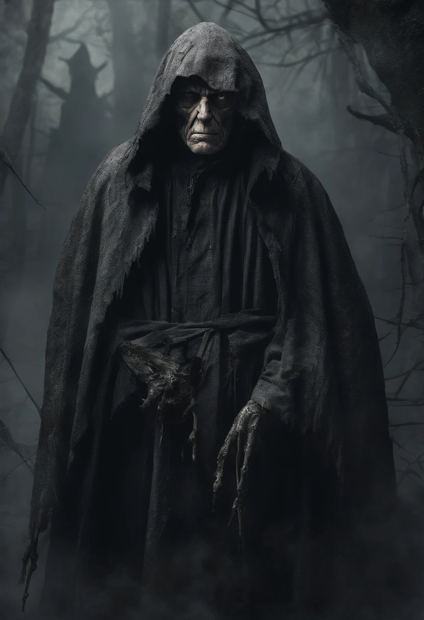 A very ugly old witch, disfigured face, mean look, full body, wearing a hoodie, long old and torn dress, ultra realistic, dark forest, smoky, dark scenery --auto --s2