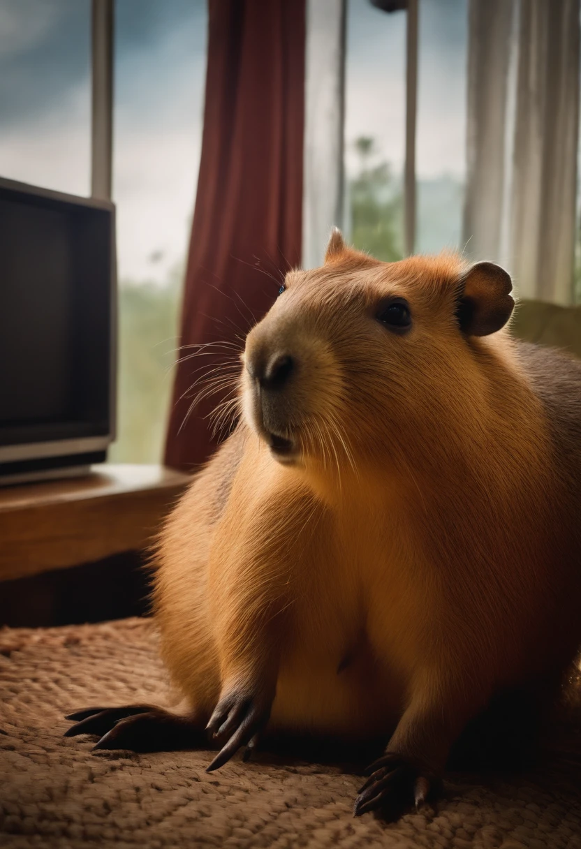 Capybara looking at a television, ela deve esta segunrando um corntrole de video game