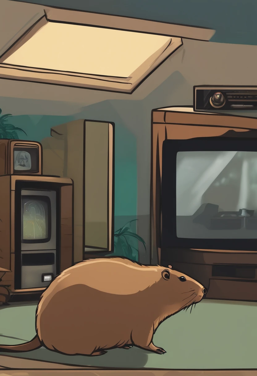 Capybara looking at a television, ela deve esta segunrando um corntrole de video game