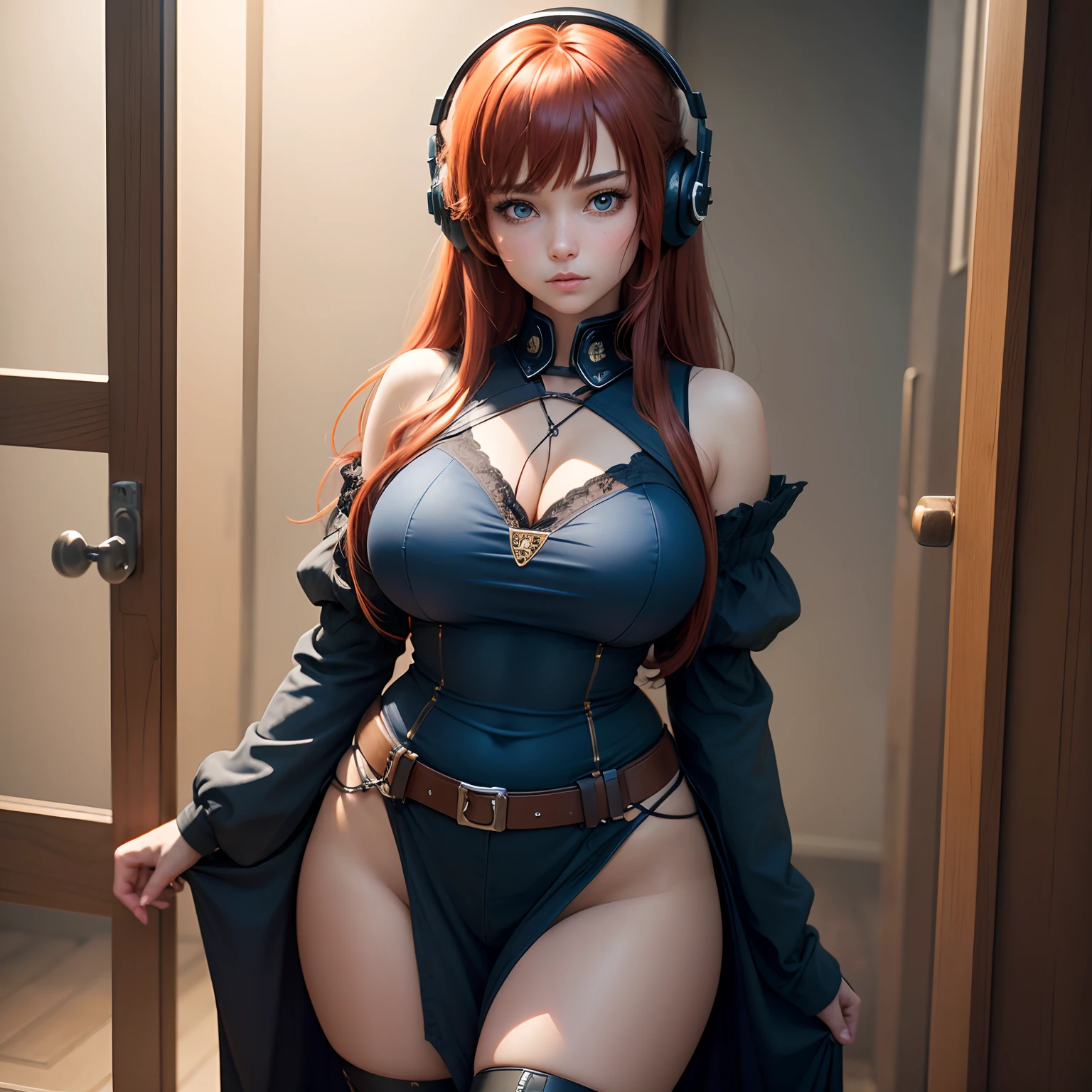 8k, masterpiece, best quality, realistic, higly detailed, cowboy shot, 1girl, solo, miku, emotionless looking girl, medium-length red hair, strands of hair hanging over the right side of her face, a set of wireless headphones that have a triangle-shaped logo on the ear cups around her neck, dark blue eyes, average height, well-endowed figure, large breasts, bangs cover her right eye, cop