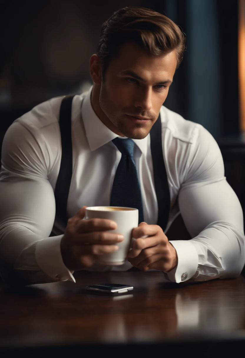 1man, 
a 30 y.o muscular male wearing long-sleeve white shirt and tie, drinking coffee,
soft lighting, 
masterpiece, best quality, 8k uhd, dslr, film grain, Fujifilm XT3 photorealistic painting art by midjourney and greg rutkowski