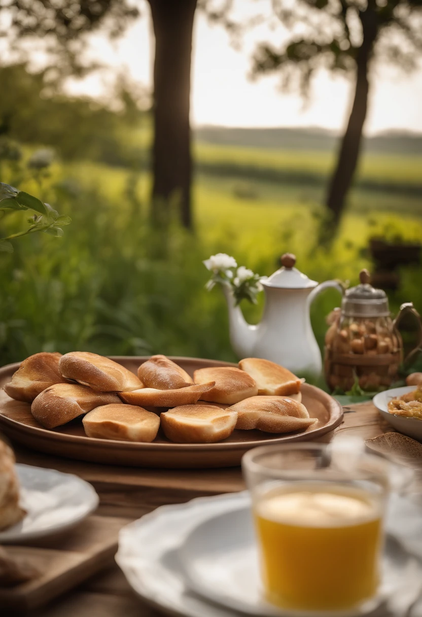The scene takes place on a rustic wooden balcony, overlooking a beautiful green field with some trees in the background. In the center of the wooden table is a platter with golden, crispy slices of bread on the griddle, com pequenas gotas de manteiga derretida escorrendo pelas laterais.
Next to the bread, There's a generous pile of crispy, golden bacon, com gordura derretida e saborosa. The eggs are served on a white ceramic plate, com gemas amarelas e firmes e claras macias.
Para acompanhar, There's a jug of fresh orange juice and a steaming coffee pot, com um aroma delicioso que preenche o ar. Ao fundo, You can hear the sound of birds and cows grazing, completing the feeling of tranquility and simplicity that breakfast on the farm provides.
It is impossible not to feel comforted and satisfied with such a delicious and welcoming meal. Breakfast on the farm is a special moment, que nos conecta com a natureza e nos faz lembrar dos prazeres simples da vida.