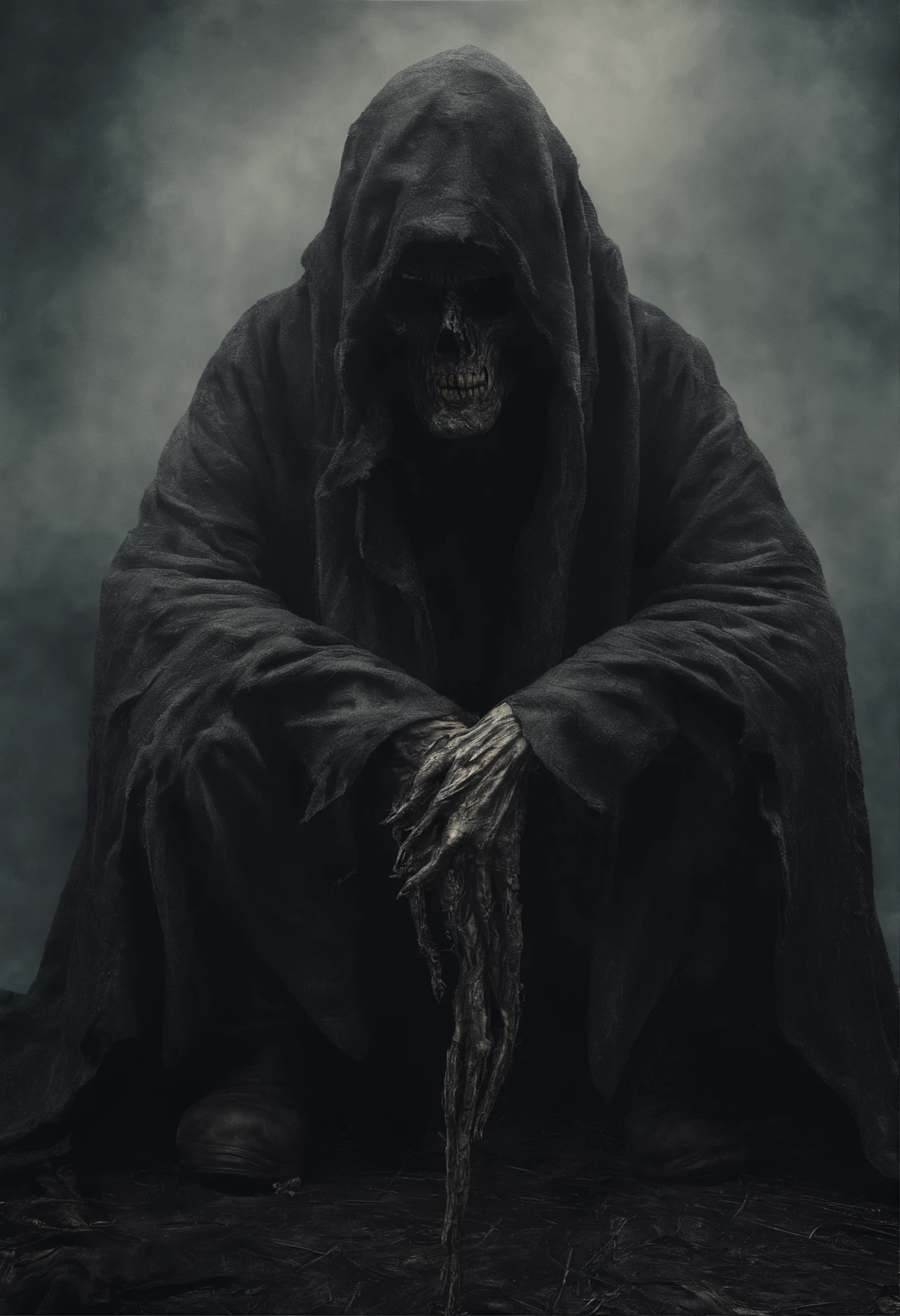 homem muito velho, it looks like a corpse, metade de seu rosto deformado, mendigo, sujo, olhar irritado, cabelo grisalho curto, pale wrinkled skin, pupilas amareladas, postura curvada, cintura para cima, olhar penetrante e maligno, longo manto preto, Roupas rasgadas, Manto de penas de corvo nas costas, lado esquerdo do corpo coberto com faixas e capuz, Mist, Posto de gasolina escuro, Horror, temer, apavorante, suspense, misterioso