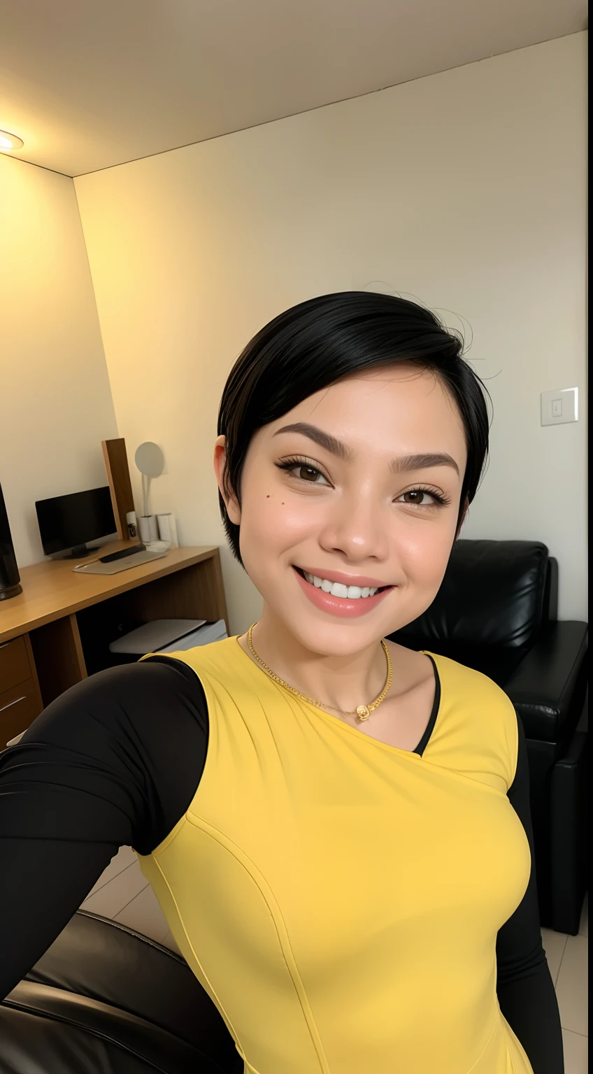 Malay girl, very short white hair, pixie cut hair, wear black and yellow Corset Dress, laughing and posing with hand on hip, front view, windy, detail skin, age spot, detail skin texture, mole below eyes, small breast, flat chest, wide hips, small waists, thick thighs, slim abs, beautiful body, nighttime, laughing, happy, bright lighting, living room, blur background, bokeh,