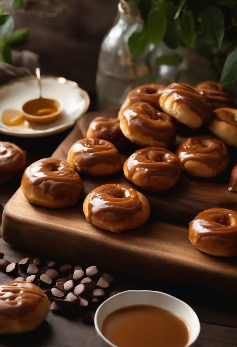 Make a wooden table, with 3 round honey buns stuffed with dulce de leche and fully covered with chocolate, sendo que eu deles esteja mordido