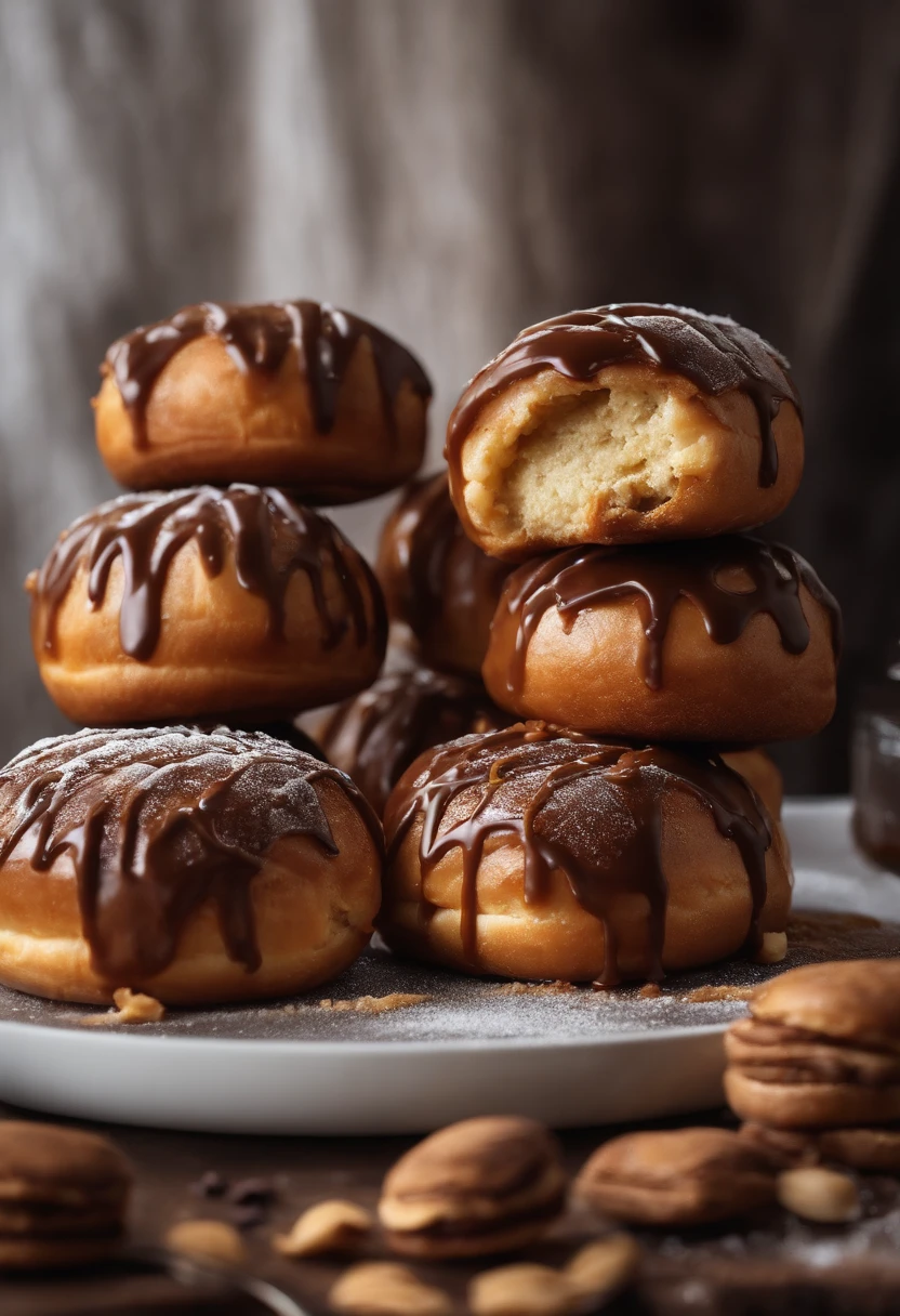 Make a wooden table, with 3 round honey buns stuffed with dulce de leche and fully covered with chocolate, sendo que eu deles esteja mordido