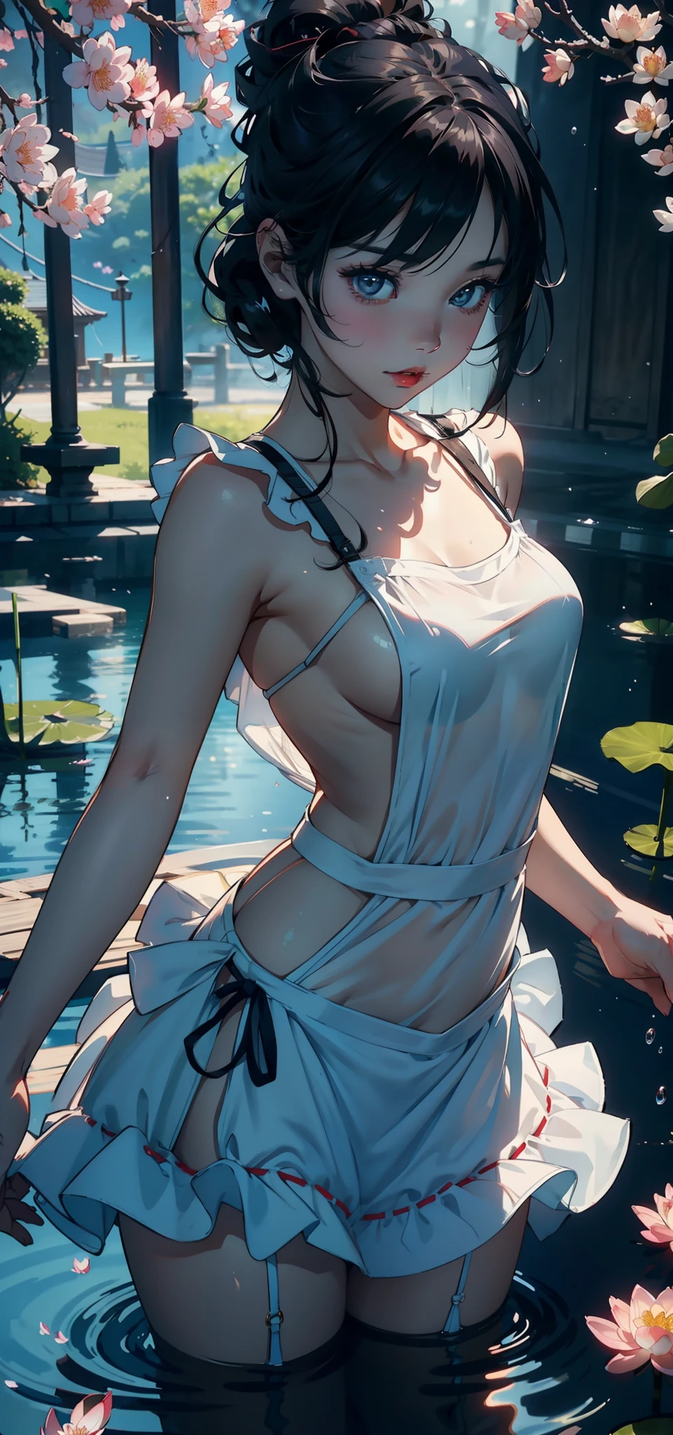 Small (Background with:ponds,Cherry blossom forest,lotus flower)Lie underwater, She has short black hair,seen from the front,, mostly cloudy sky,(((tmasterpiece),(Very detailed CG unity 8K wallpaper),best qualtiy,cinmatic lighting,detailed back ground,beatiful detailed eyes,Bright pupils,Black eyes,Snow-whiteskin,Redlip(Very fine and beautiful),(Beautiful and detailed eye description),ultra - detailed,tmasterpiece,))facing at camera,A high resolution,ultra - detailed),revealing breasts,Bare genitalia, Bulge,legs are open,Raised sexy,Camel toes,Desire for dissatisfaction,frontage,(Wearing:,Transparent maid outfit,Bare ,Puffy skirt,aprons)