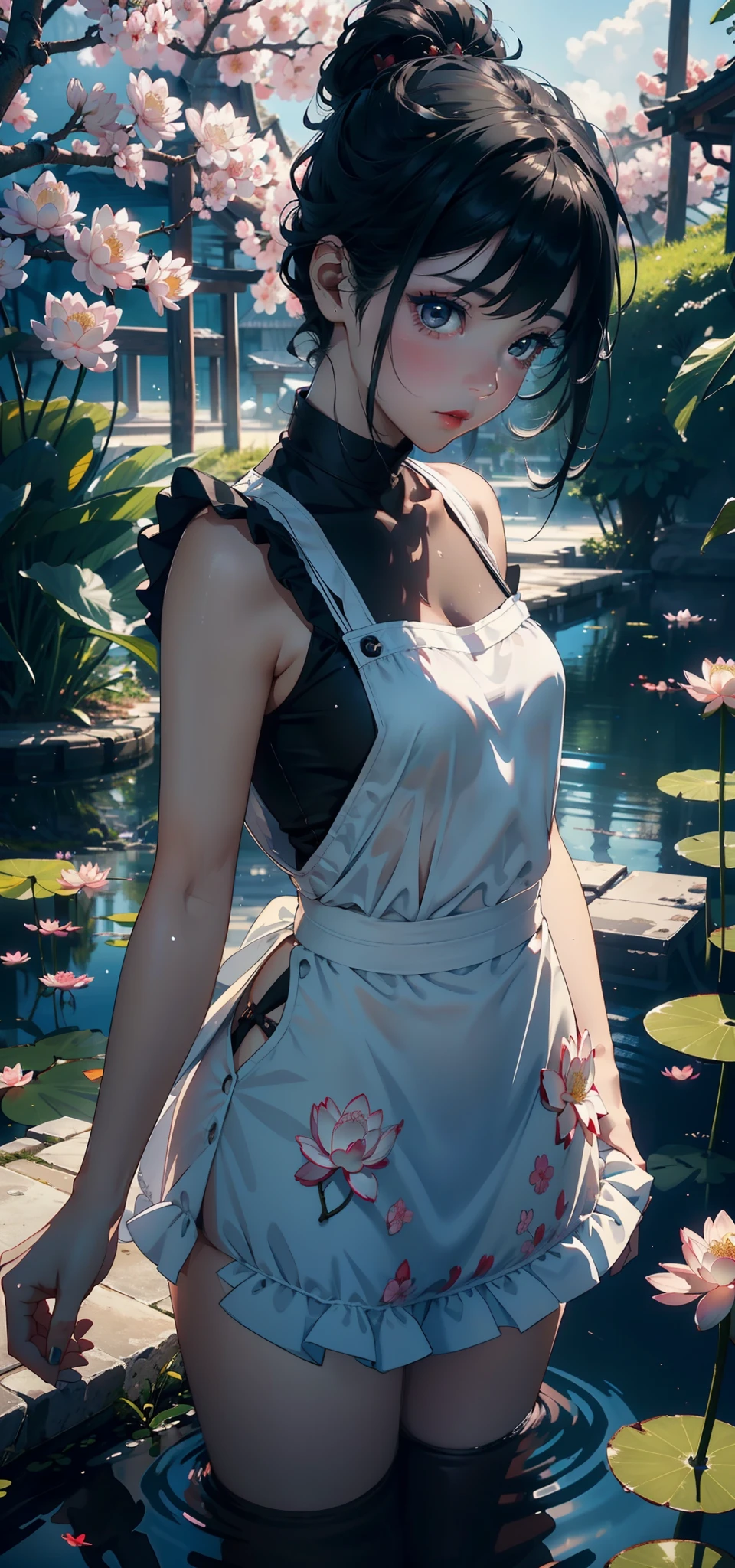 Small loli(Background with:ponds,Cherry blossom forest,lotus flower)Lie underwater, She has short black hair,seen from the front,, mostly cloudy sky,(((tmasterpiece),(Very detailed CG unity 8K wallpaper),best qualtiy,cinmatic lighting,detailed back ground,beatiful detailed eyes,Bright pupils,Black eyes,Snow-whiteskin,Redlip(Very fine and beautiful),(Beautiful and detailed eye description),ultra - detailed,tmasterpiece,))facing at camera,A high resolution,ultra - detailed),revealing breasts,Bare genitalia, Bulge,legs are open,Raised sexy,Camel toes,Desire for dissatisfaction,frontage,(Wearing:,Transparent maid outfit,Bare ,Puffy skirt,aprons)