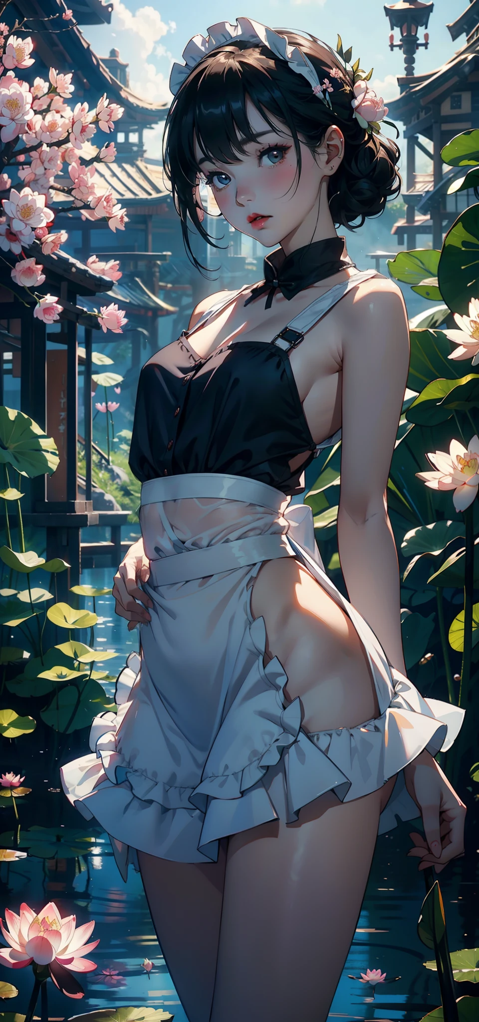 Small (Background with:ponds,Cherry blossom forest,lotus flower)Lie underwater, She has short black hair,seen from the front,, mostly cloudy sky,(((tmasterpiece),(Very detailed CG unity 8K wallpaper),best qualtiy,cinmatic lighting,detailed back ground,beatiful detailed eyes,Bright pupils,Black eyes,Snow-whiteskin,Redlip(Very fine and beautiful),(Beautiful and detailed eye description),ultra - detailed,tmasterpiece,))facing at camera,A high resolution,ultra - detailed),revealing breasts,Bare genitalia, Bulge,legs are open,Raised sexy,Camel toes,Desire for dissatisfaction,frontage,(Wearing:,Transparent maid outfit,Bare ,Puffy skirt,aprons)