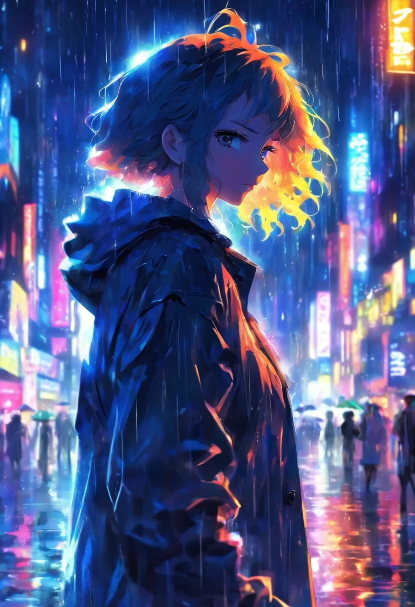 1girl,night city,rain,coat,hands in pockets