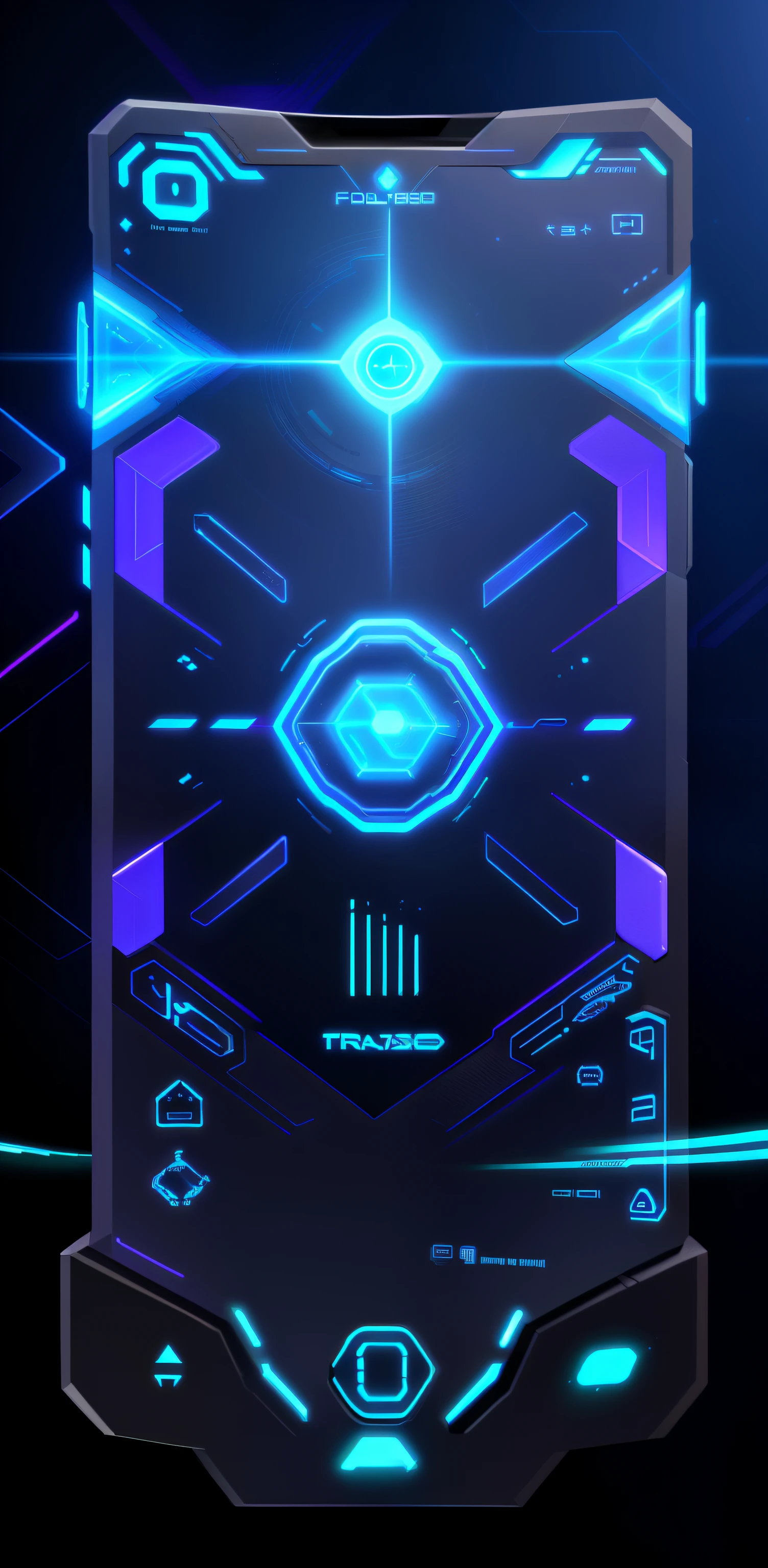 Close-up of phone with futuristic design, holographic interface, digital ui, Game UI, The user interface is intricate, game hud, game ui asset design, loading screen, pc game with ui, game ui, Aerogel iOS UI concept, raytrace concept art, Futuristic. Game CG, tron legacy setting, ui card, colors of tron legacy, future concept art