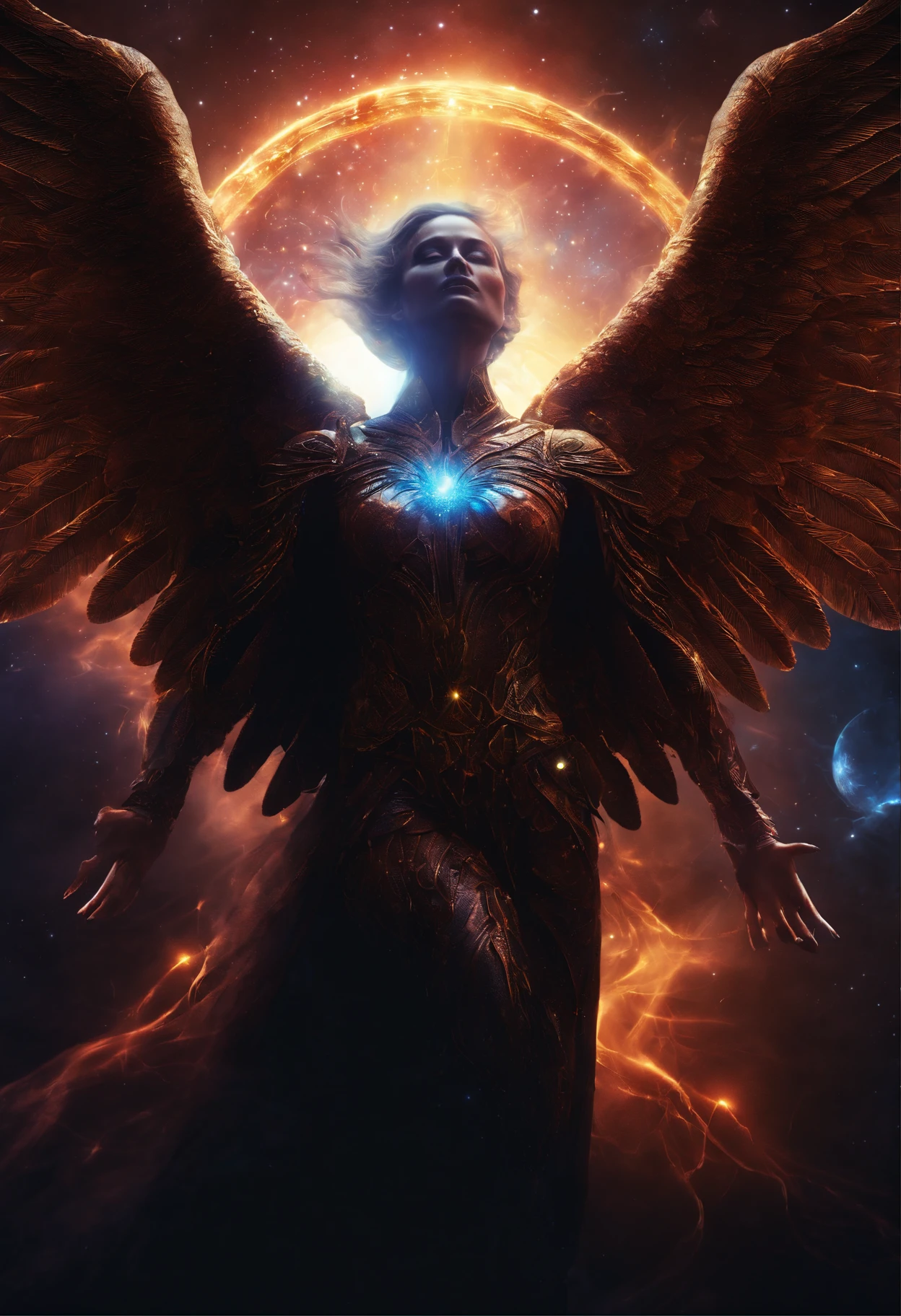 Cosmic Fallen Angel, glowing light eyes, Biomechanical, eerie, Creepy, nightmarish, Very bright colors, Light particles, with light glowing, Mshiff, wallpaper art, UHD wallpaper
